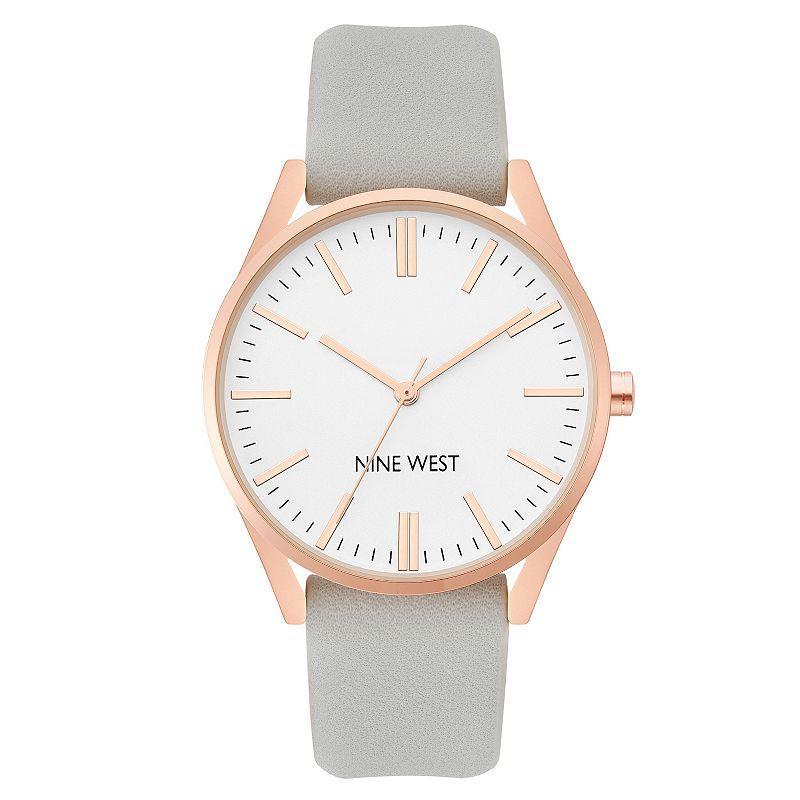 Nine West Womens Faux Leather Strap Watch Rose Gold Tone Gray Product Image
