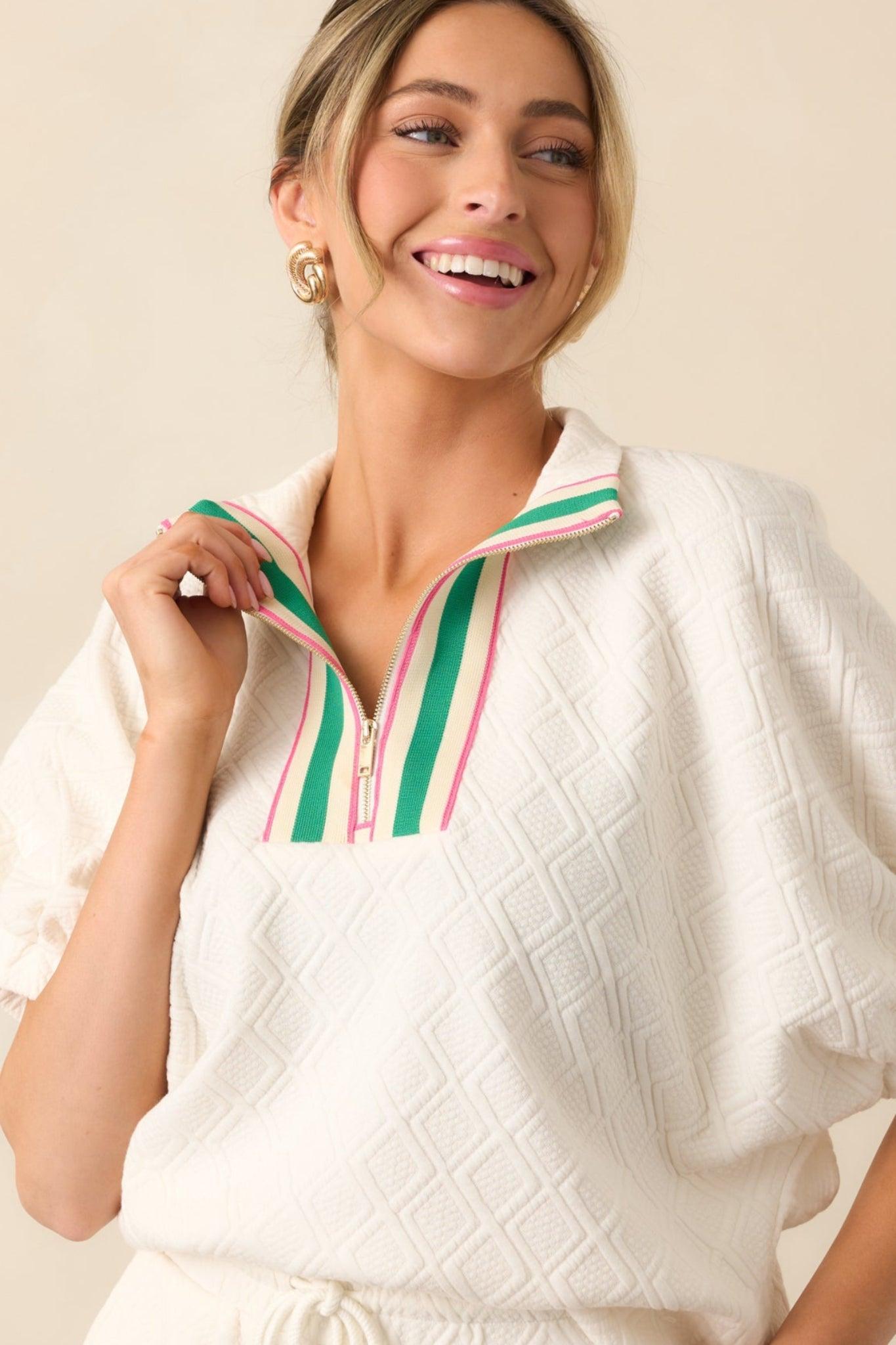 In The Right Direction Ivory Textured Quarter Zip Top Product Image