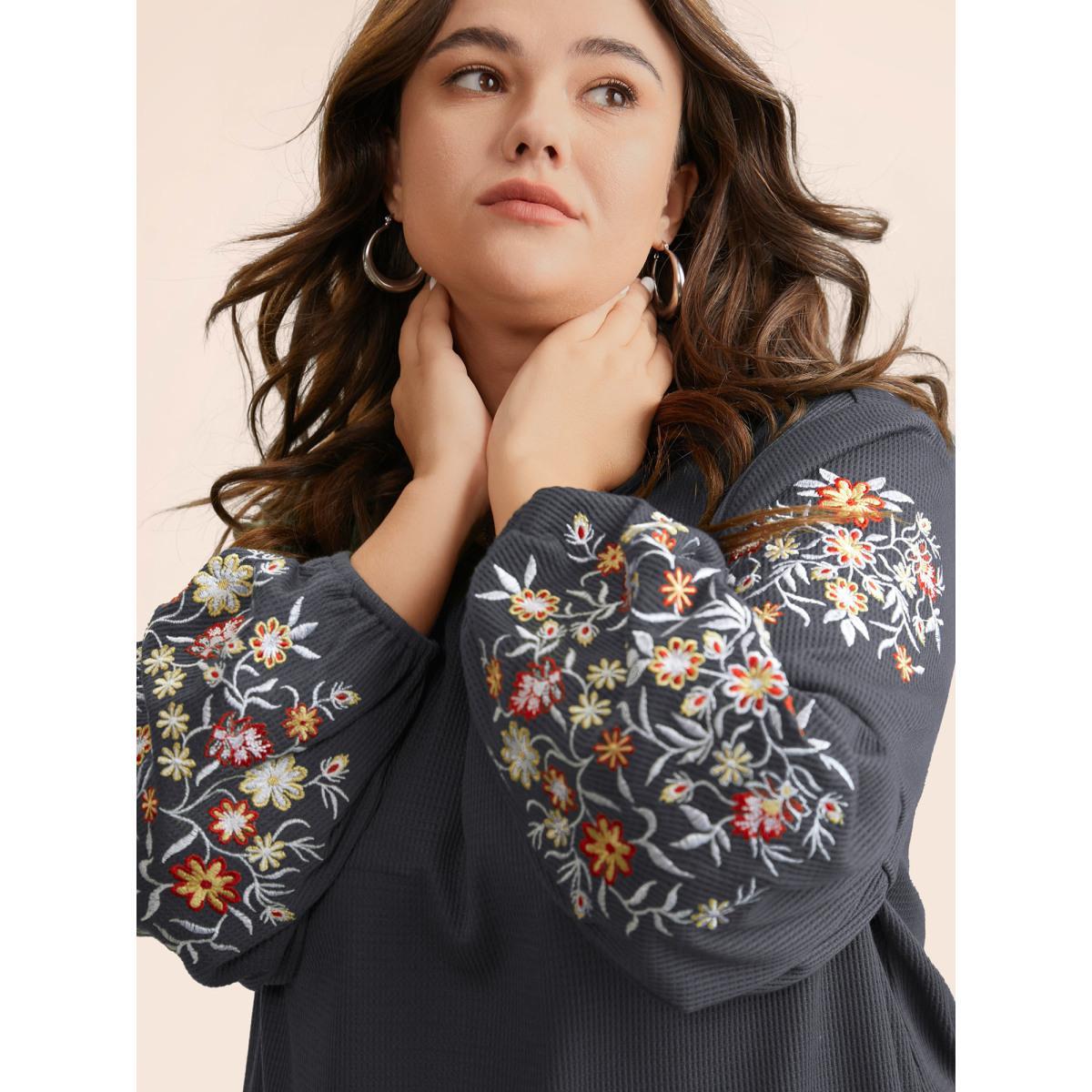 Plus Size Waffle Knit Floral Embroidered Lantern Sleeve T-shirt DimGray Women Elegant Texture Floral Round Neck Everyday T-shirts BloomChic 10/M Product Image