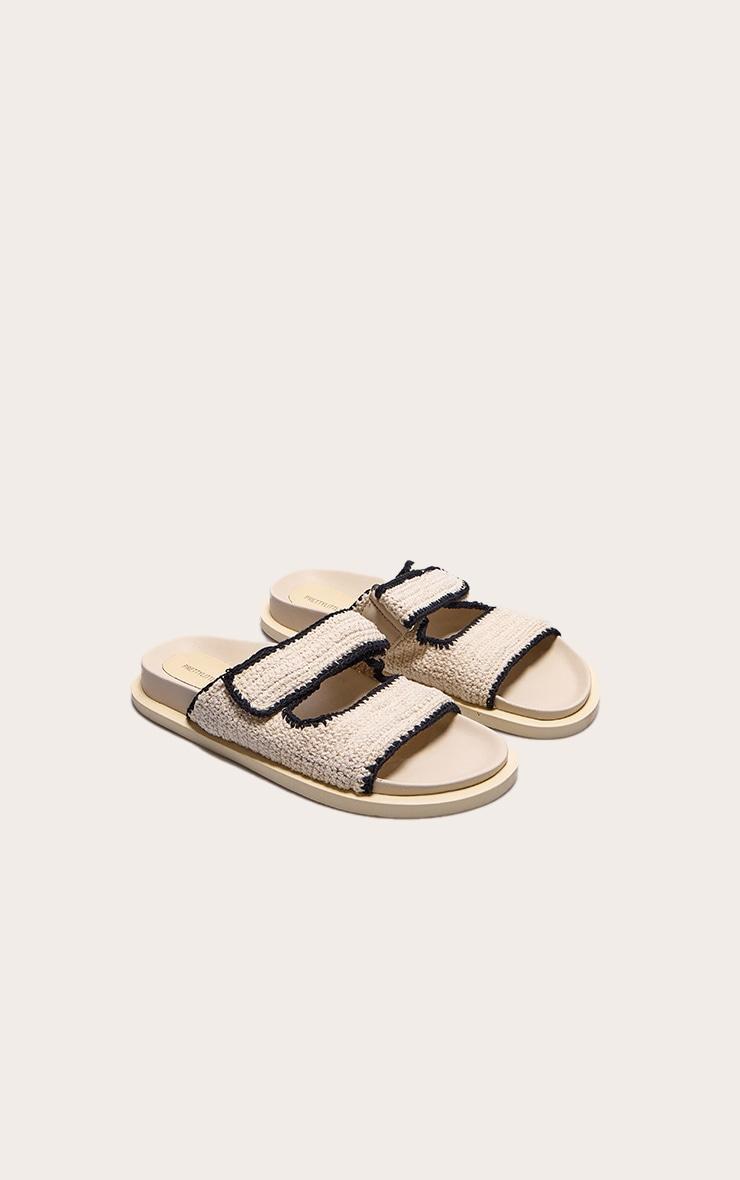 Cream Contrast Round Toe Crochet Velcro Strap Flat Footbed Sandals Product Image