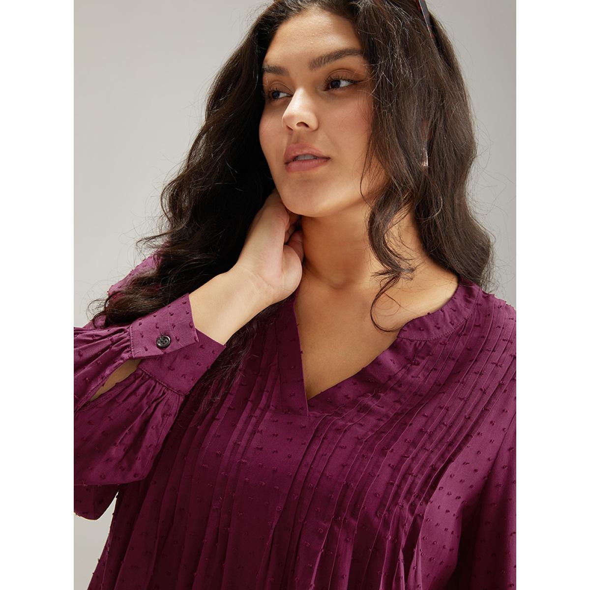 Plus Size Burgundy Plicated Detail Polka Dot Blouse Women Elegant Long Sleeve V-neck Dailywear Blouses BloomChic 30/6X Product Image