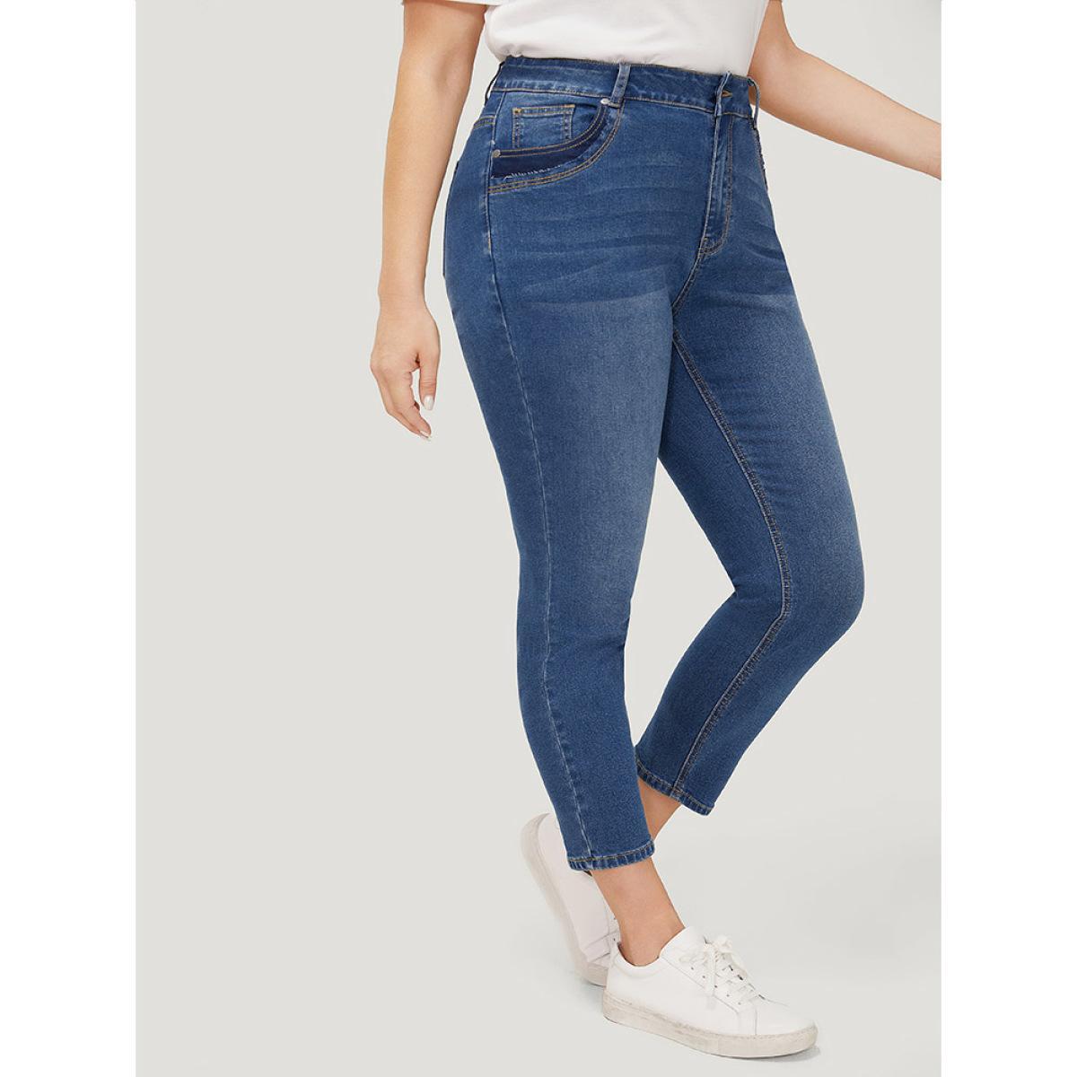 Plus Size Very Stretchy High Rise Medium Wash Patched Patchwork Jeans Women Indigo Casual Plain Patchwork High stretch Pocket Jeans BloomChic 18/2X Product Image