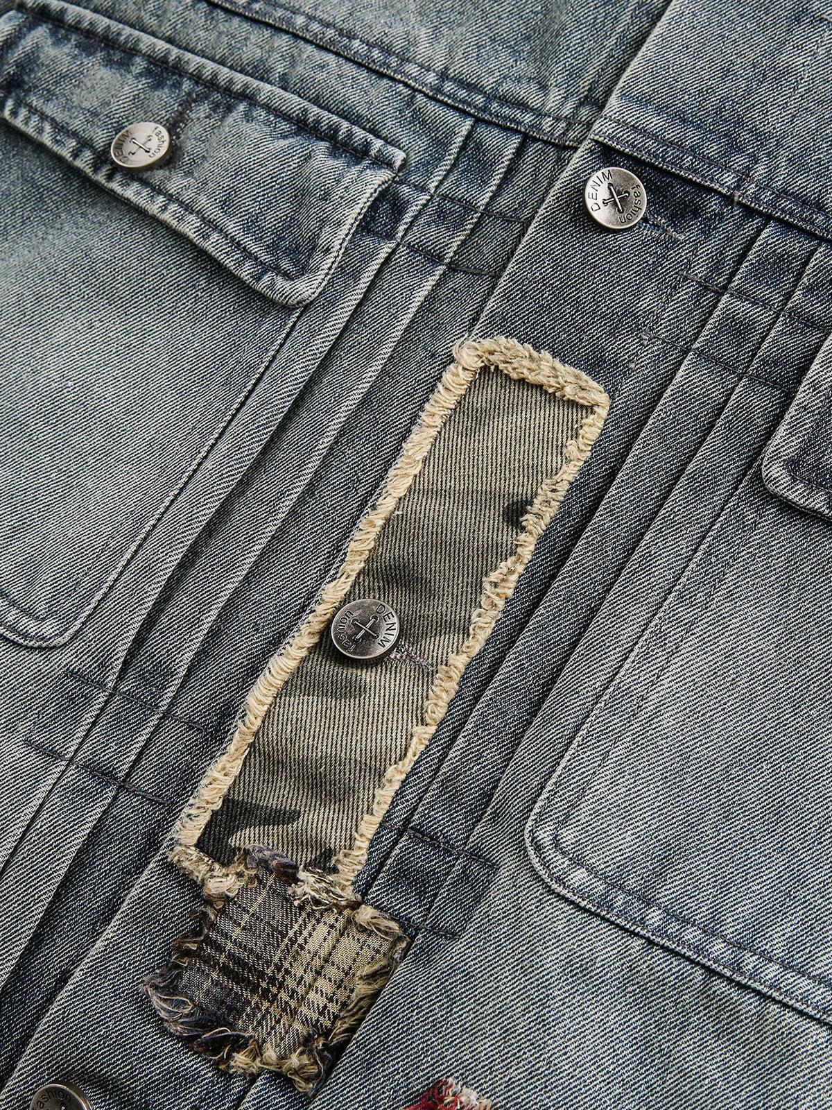 Aelfric Eden Plaid Patchwork Washed Denim Jacket Product Image