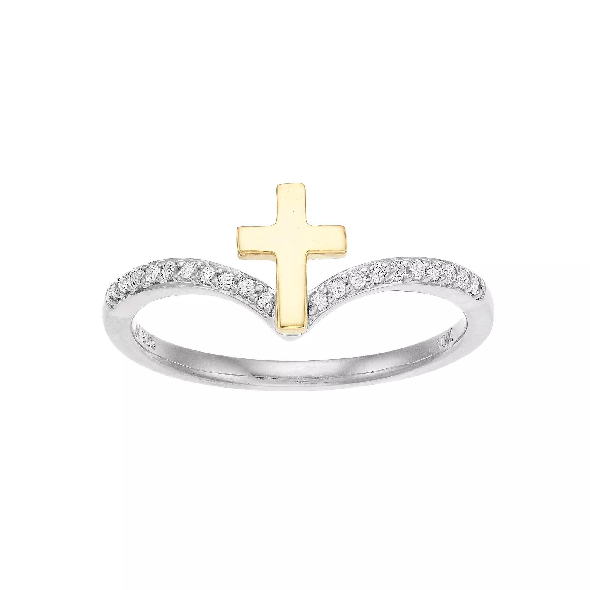 10k Gold & Sterling Silver 1/10 Carat T.W. Diamond Cross Ring, Women's, Size: 6, Gold Tone Product Image