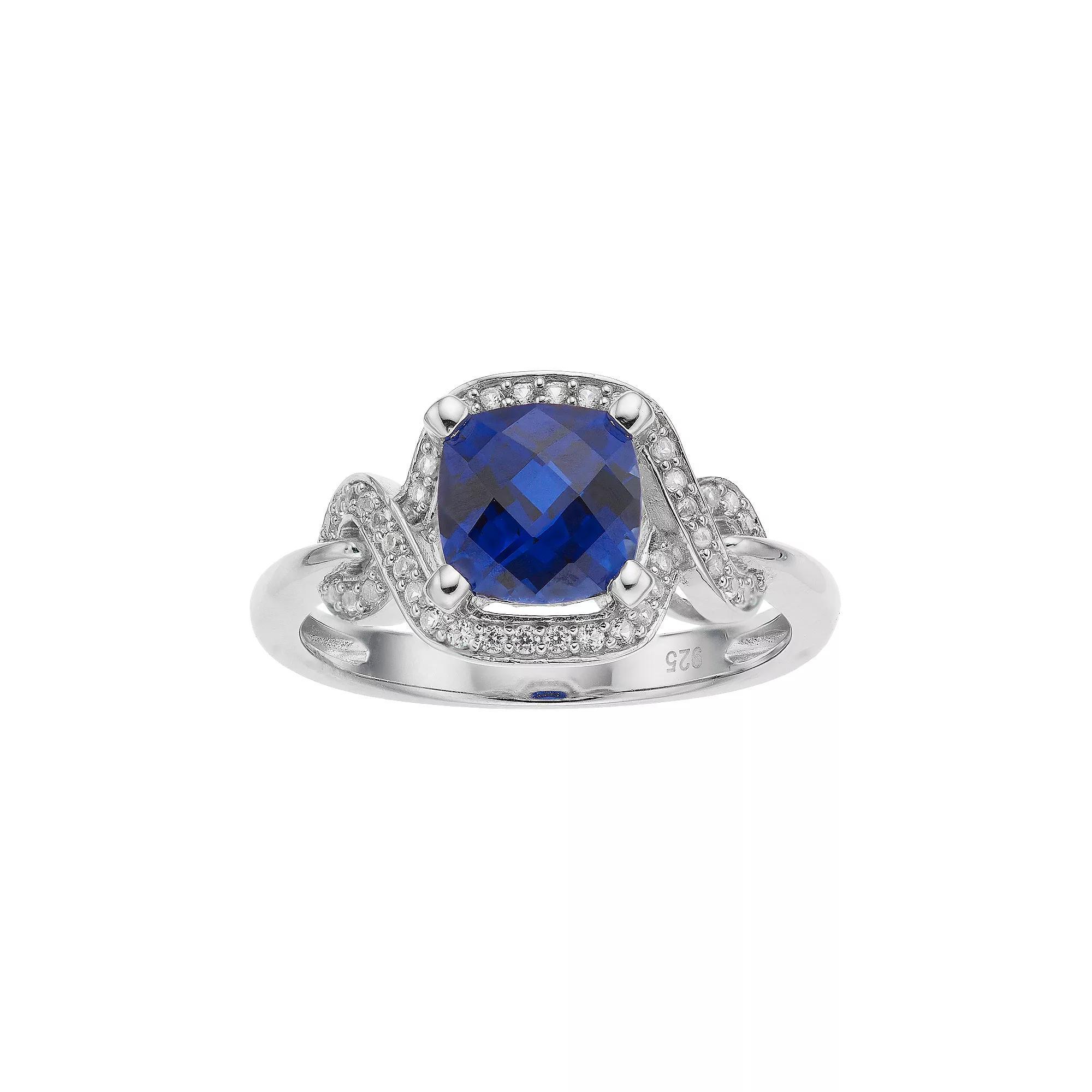 Sterling Silver Lab-Created Blue & White Sapphire Square Halo Ring, Women's, Size: 7, Silvertone Product Image