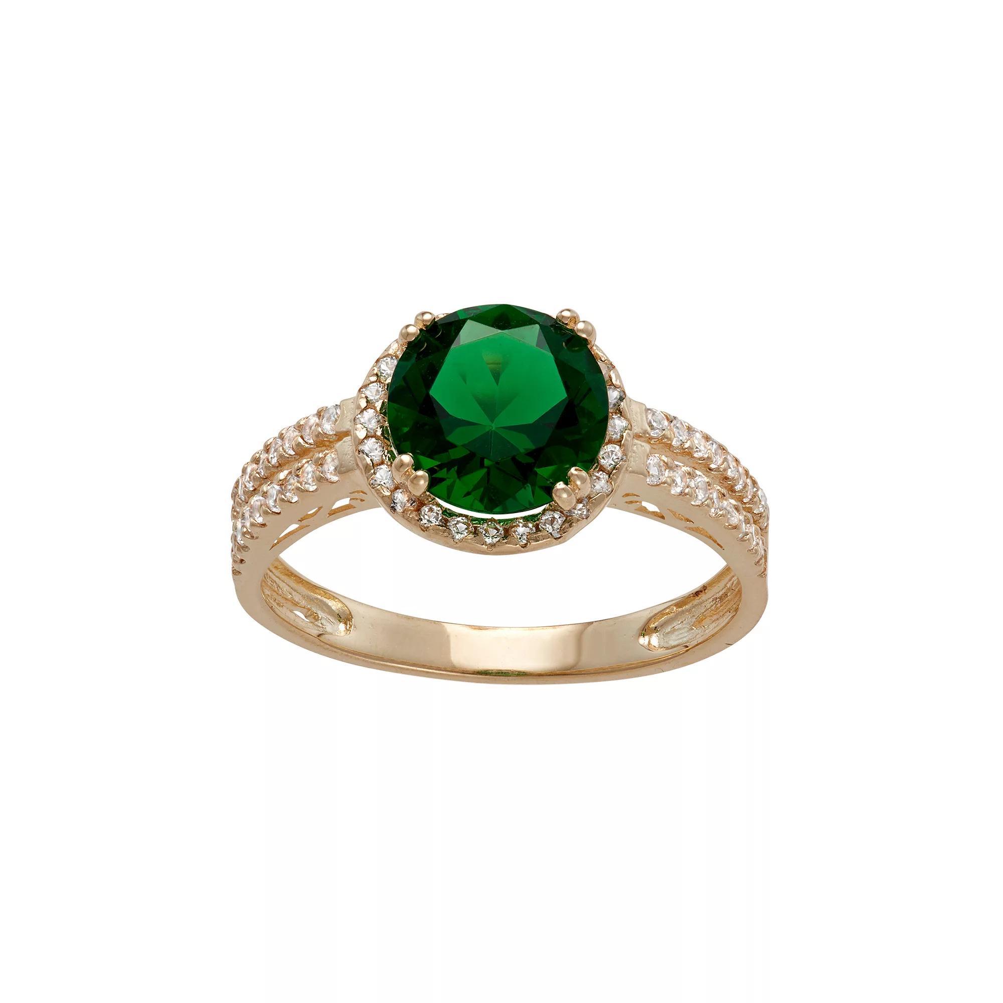Designs by Gioelli 10k Gold Simulated Emerald & Lab-Created White Sapphire Halo Ring, Women's, Size: 7 Product Image