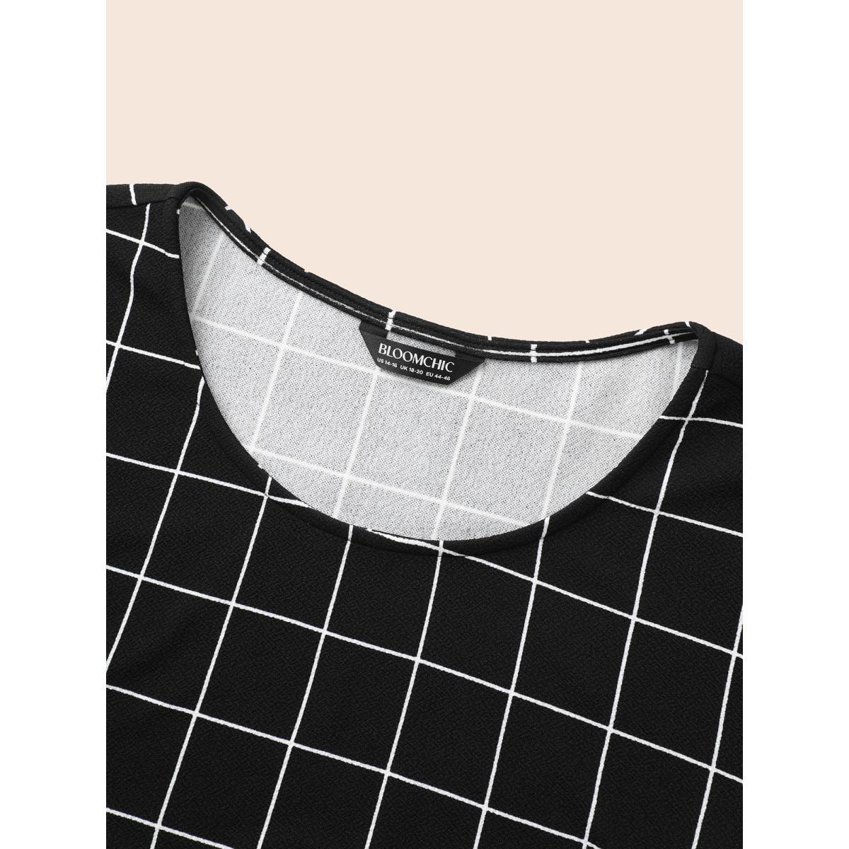 Plus Size Plaid Round Neck Lantern Sleeve T-shirt Burgundy Women At the Office Printed Plaid Round Neck Work T-shirts BloomChic 10/M Product Image
