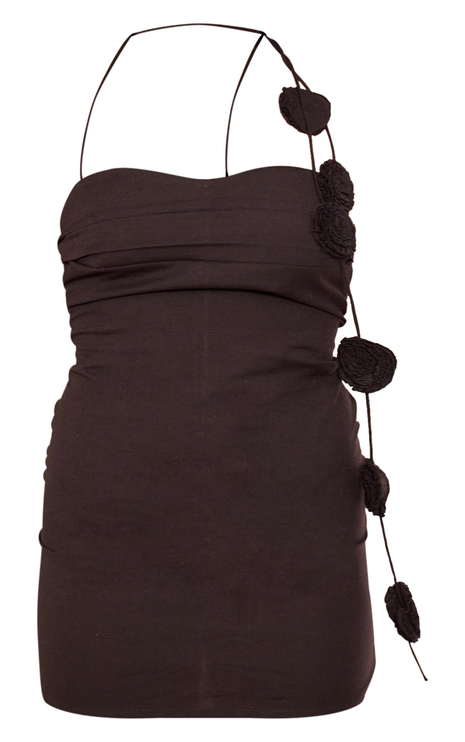 Black Linen Look Corsage Halterneck Shift Dress Product Image
