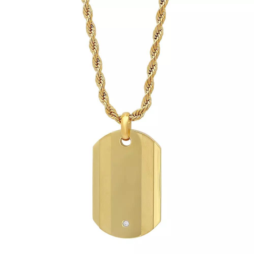 Two Tone Cubic Zirconia Dog Tag Pendant Necklace, Mens Gold Tone Product Image
