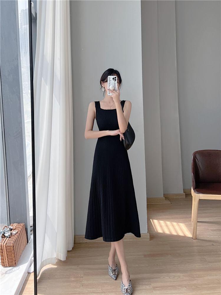 Sleeveless Square Neck Plain Midi A-Line Knit Dress Product Image