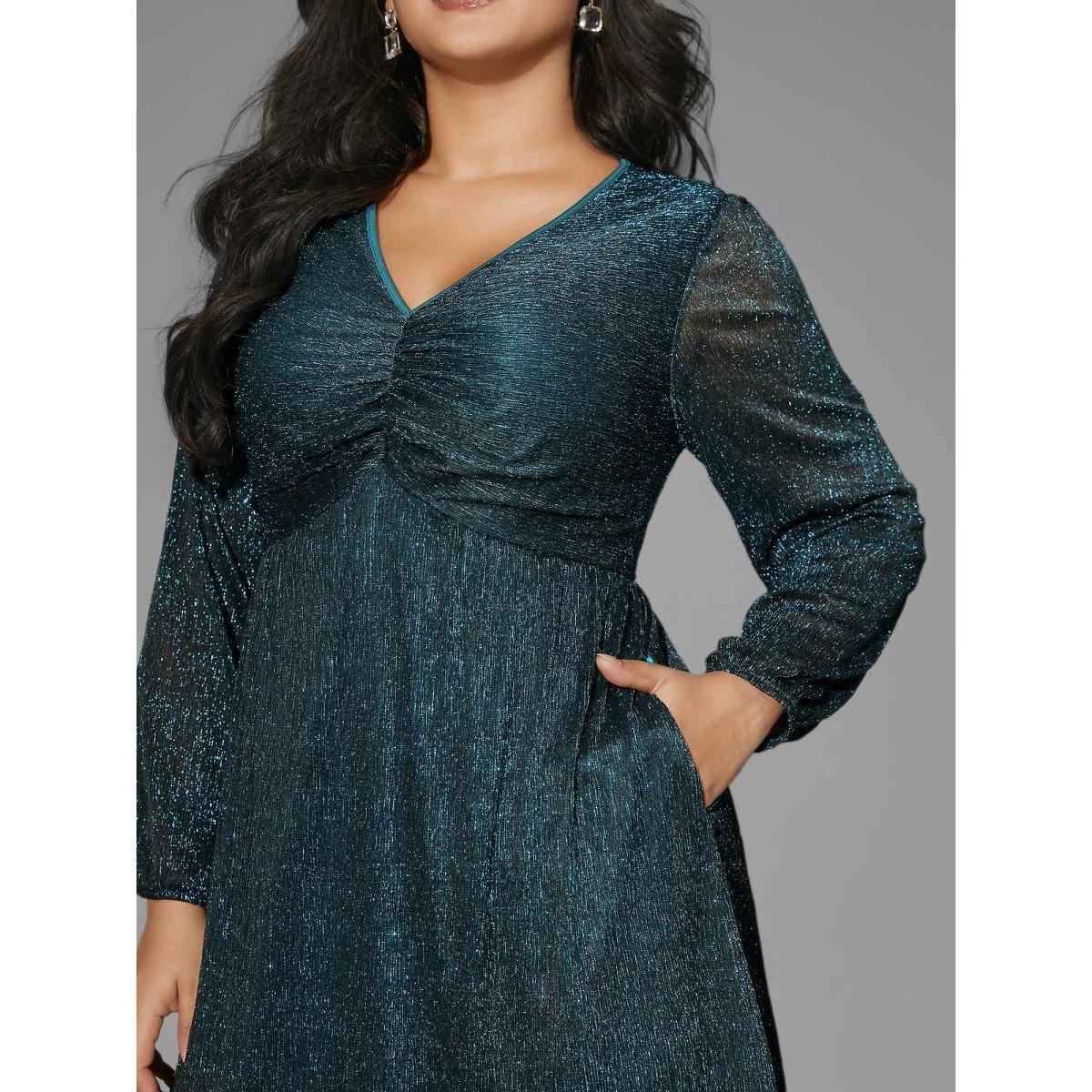 Plus Size Luxe V Neck Ruched Mesh Dress Aegean Women Cocktail Gathered Party Curvy Bloomchic 18-20/2X Product Image