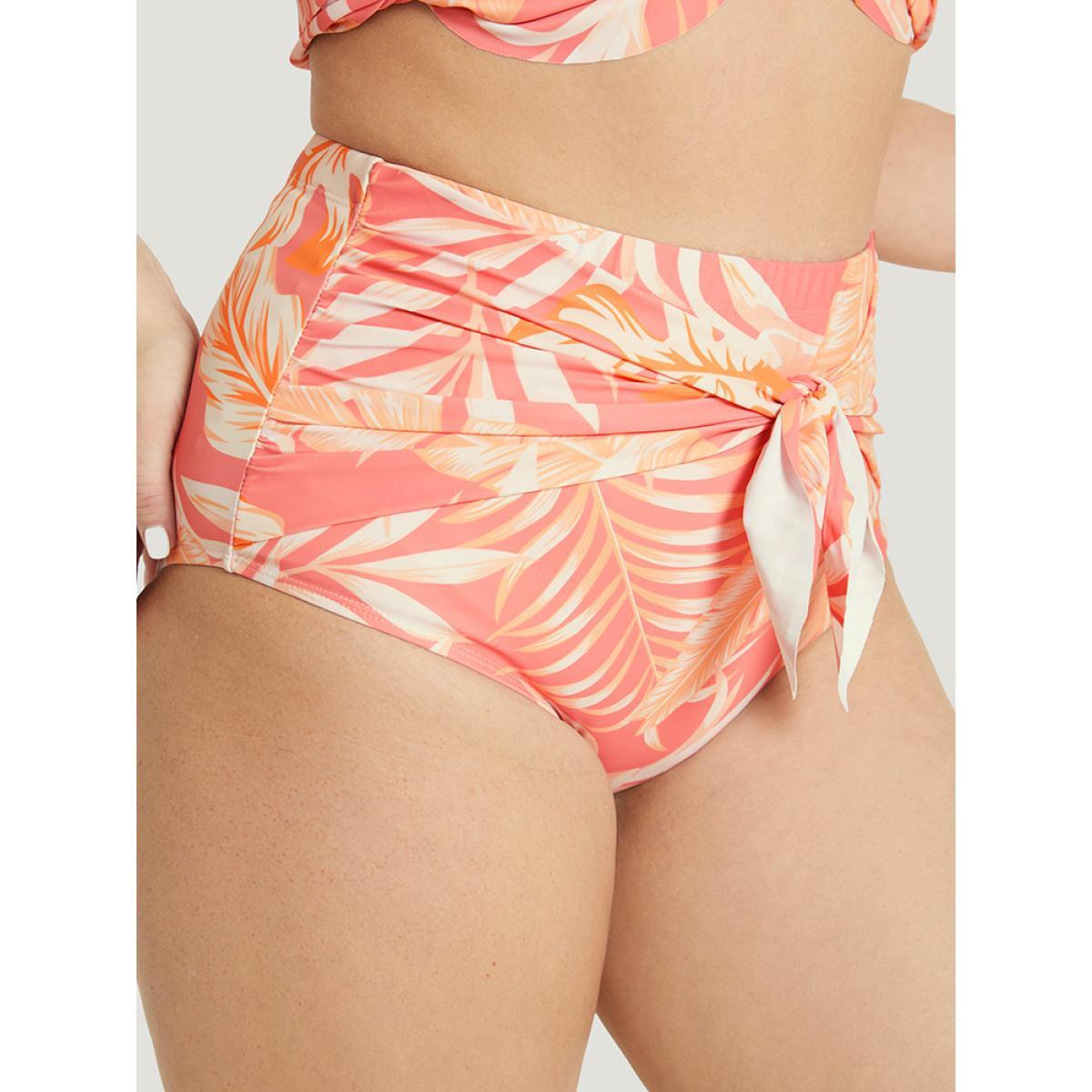 Plus Size Plant Print Knotted Front Bikini Bottom Women's Swimwear Rouge Vacation Printed High stretch Skinny High Rise Curve Swim Bottoms BloomChic 30/6X Product Image