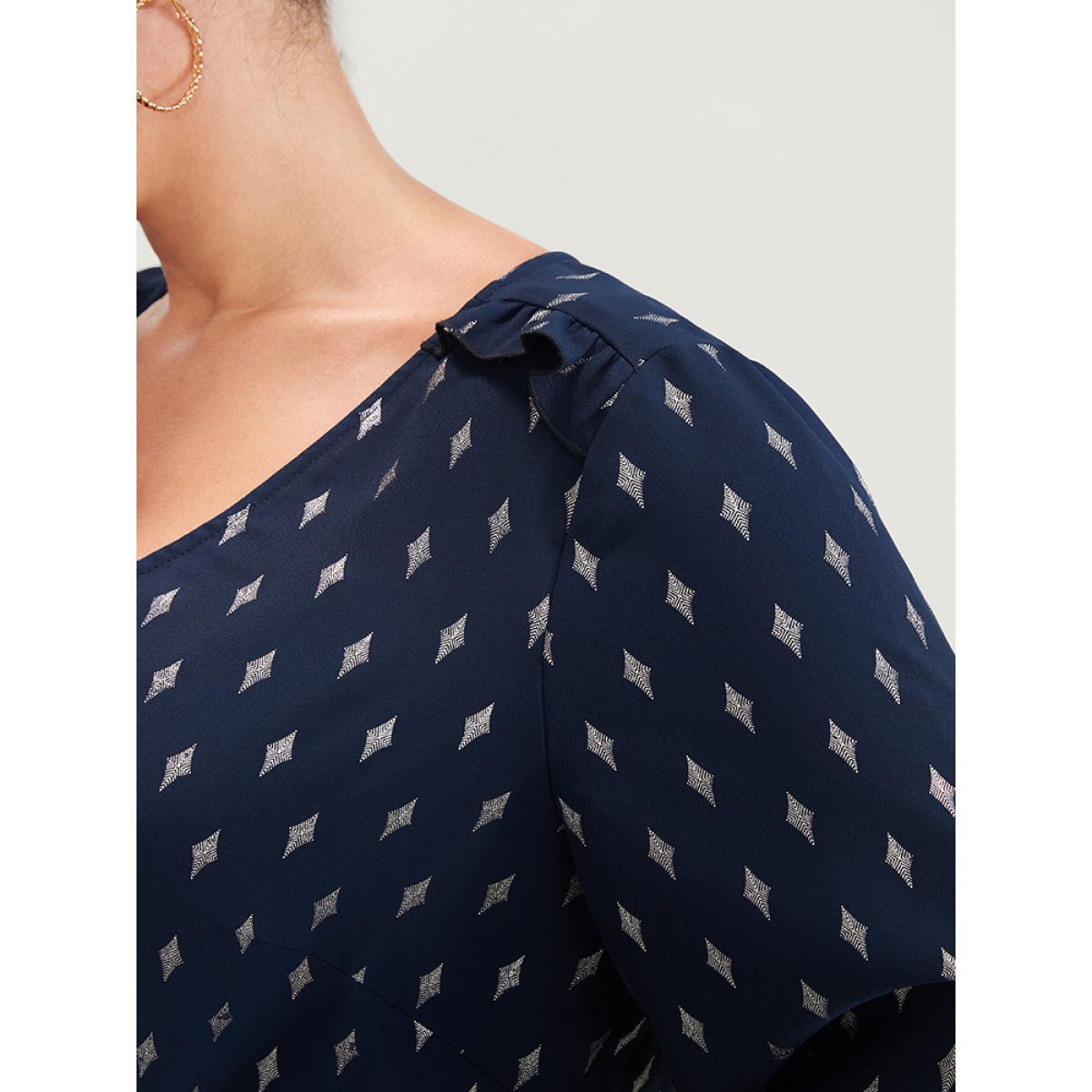 Plus Size Indigo Geometric Print Lantern Sleeve V Neck Blouse Women Party Long Sleeve V-neck Going out Blouses BloomChic 10/M Product Image