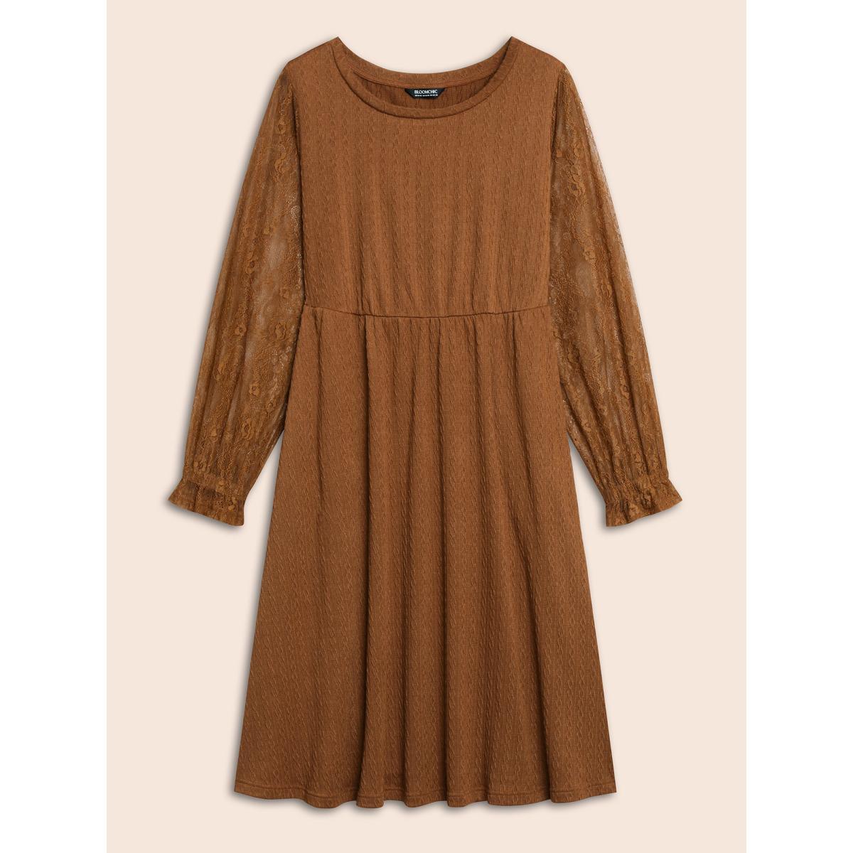 Plus Size Textured Mesh Patchwork Ruffles Dress Yellowishbrown Women Elegant Woven ribbon&lace trim Round Neck Extra Long Sleeve Curvy BloomChic 12/L Product Image