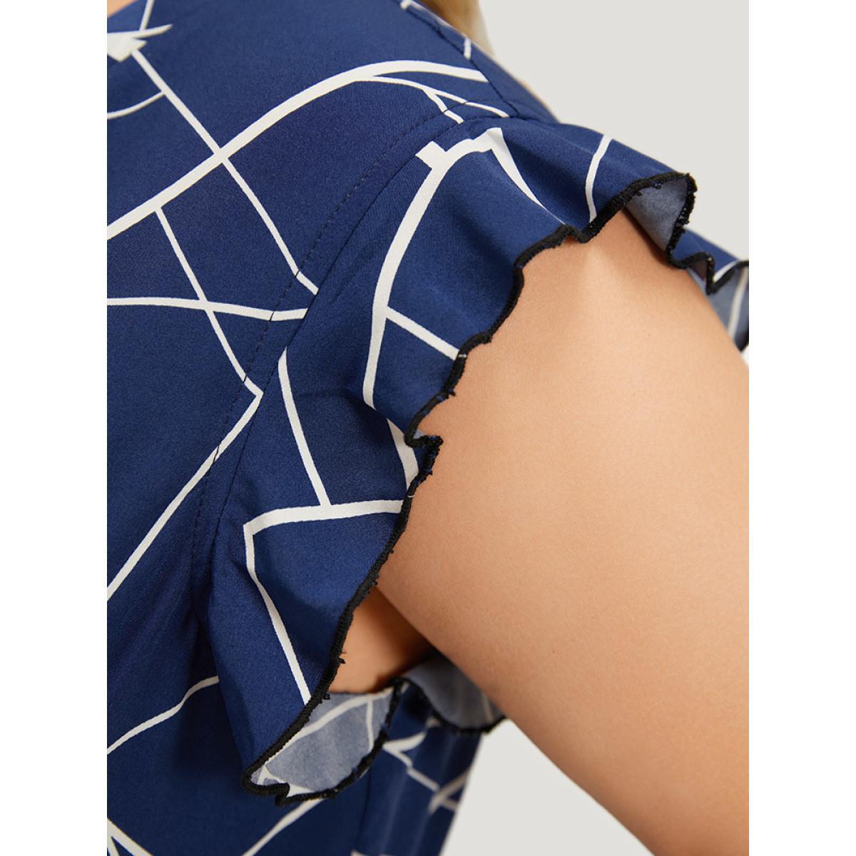 Plus Size Geometric Print Ruffle Cap Sleeve Wrap Layered Hem Dress Indigo Women Office Printed V-neck Cap Sleeve Curvy Long Dress BloomChic 26/4X Product Image