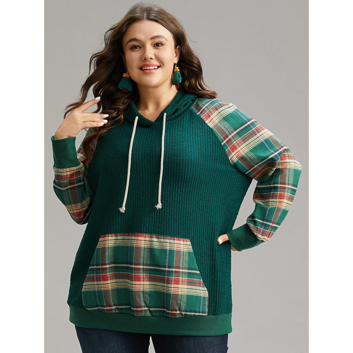 Plus Size Plaid Contrast Pocket Rib Knit Hooded Sweatshirt Women Green Casual Rib Knit Hooded Festival-Christmas Sweatshirts BloomChic 28/5X Product Image