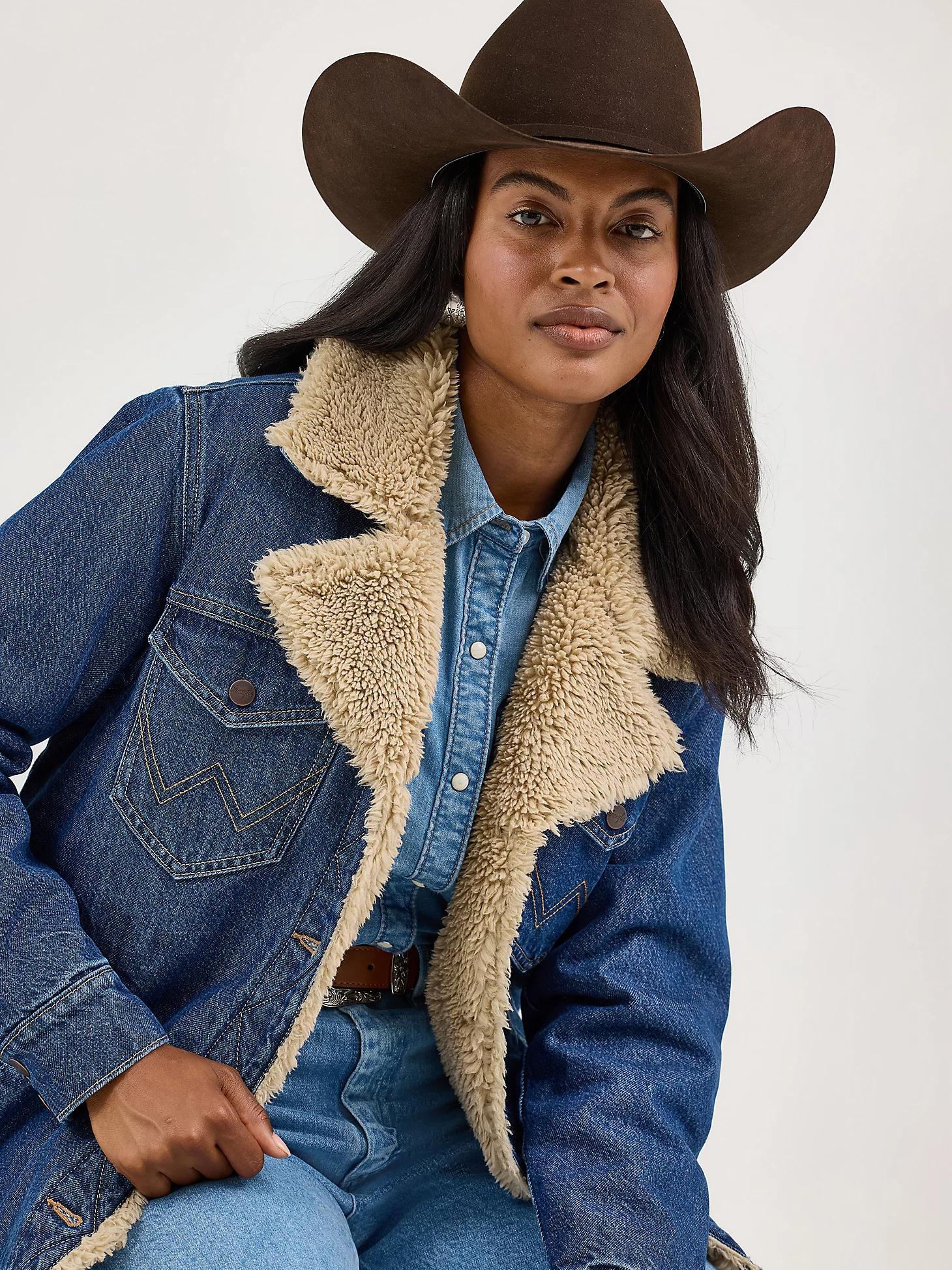 Women's Western Sherpa Lined Denim Wrange Coat in Ink Denim Product Image