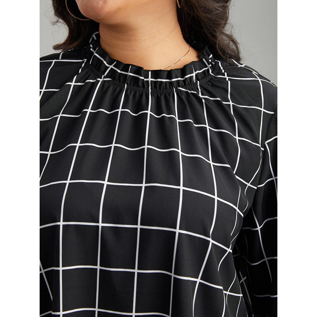 Plus Size Black Plaid Stand Collar Ruffles Lantern Sleeve Blouse Women Office Long Sleeve Stand-up collar Work Blouses BloomChic 26/4X Product Image