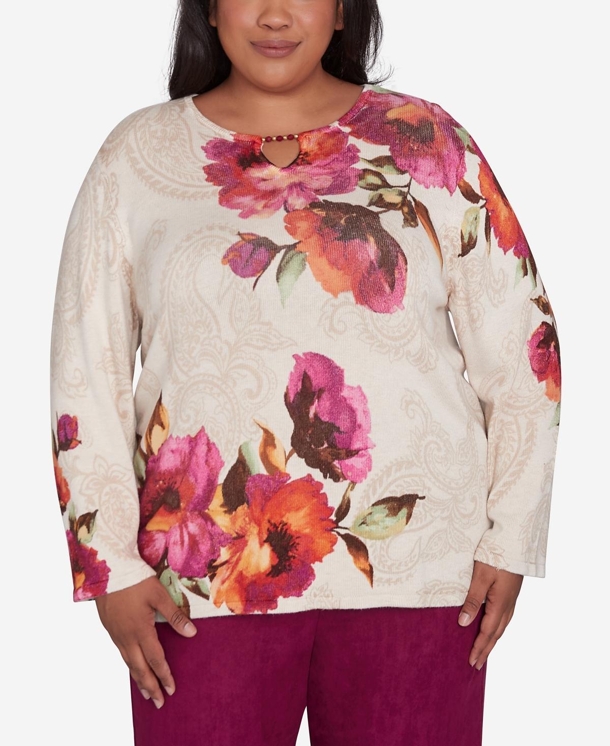 Plus Size Alfred Dunner Watercolor Floral Beaded Split Neck Top, Women's, Size: 1XL, Neutral Team Product Image