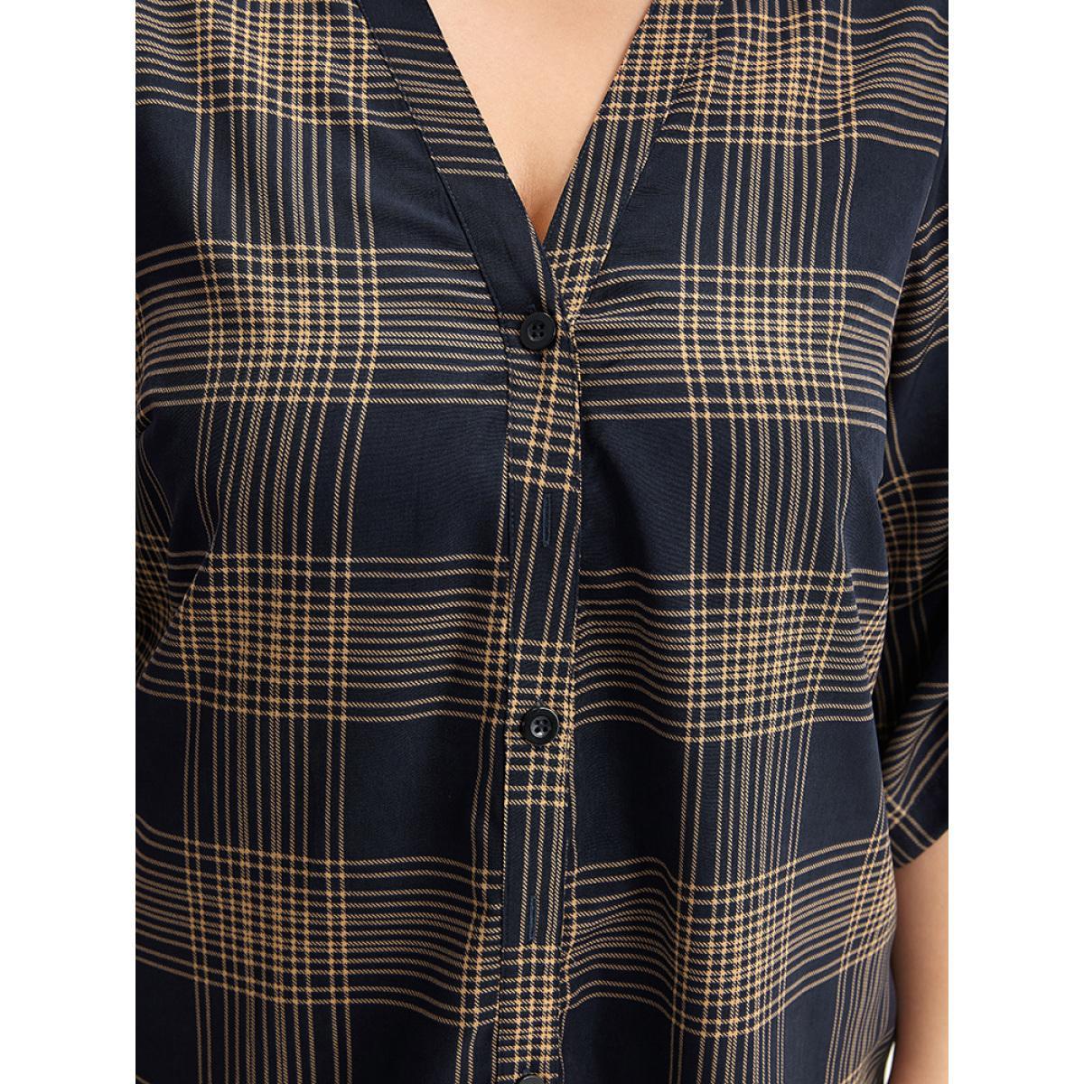 Plus Size Black Plaid Button Through Roll Tab Sleeve Blouse Women Office Half Sleeve V-neck Work Blouses BloomChic 26/4X Product Image