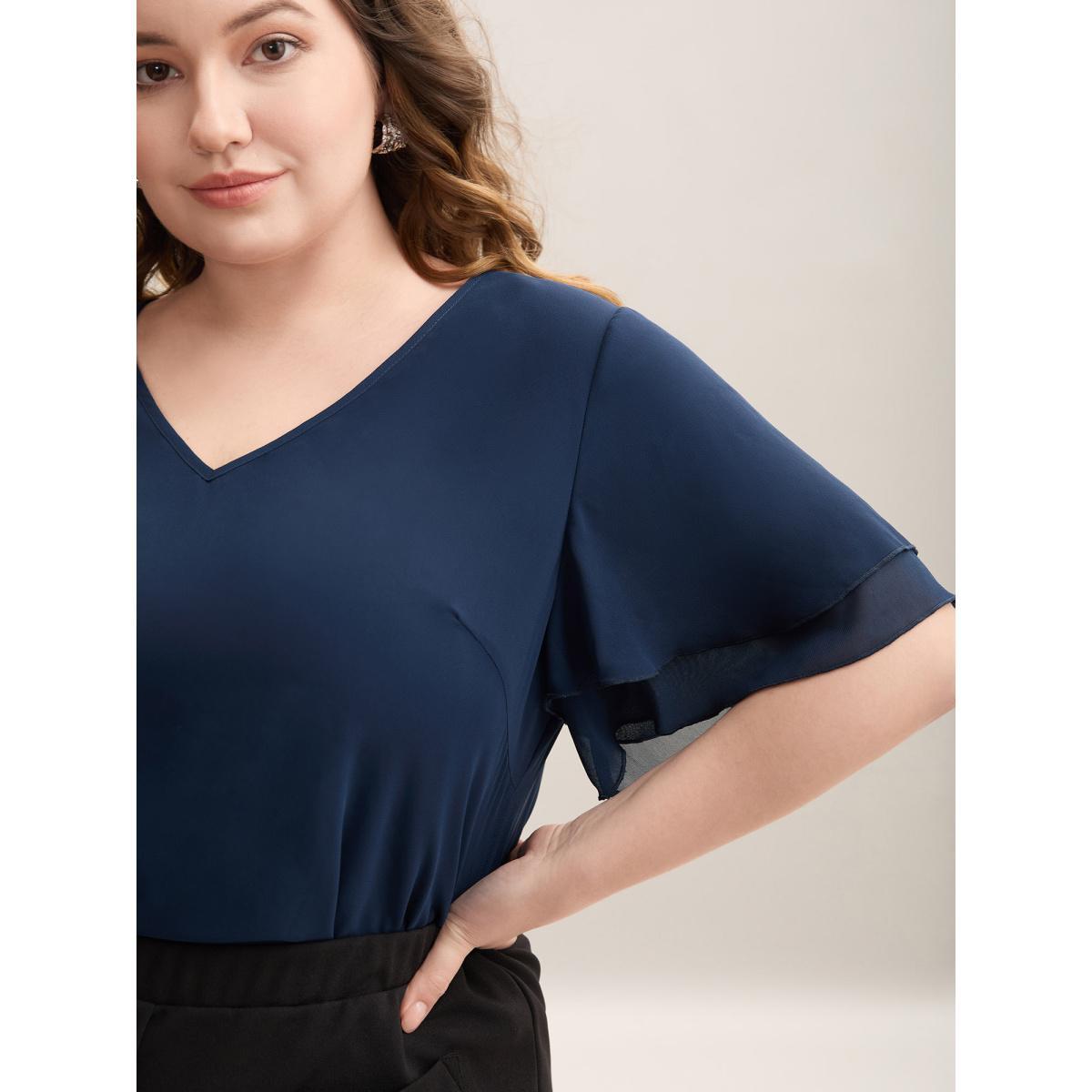 Plus Size Indigo Chiffon Layered Sleeve Solid Blouse Women At the Office Short sleeve V-neck Work Blouses BloomChic 30/6X Product Image