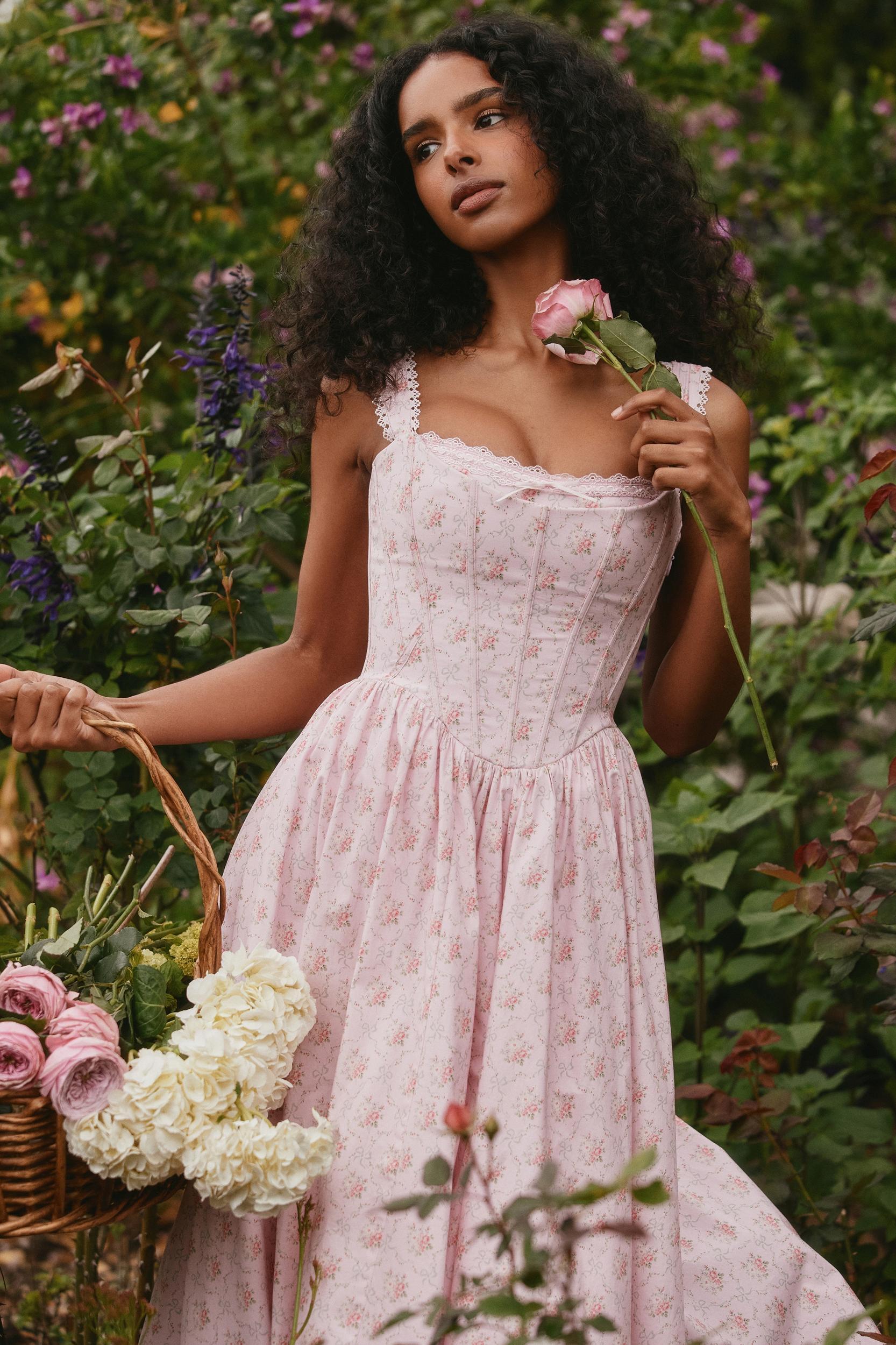 Amara  pink rose print stretch cotton corset midi dress Product Image