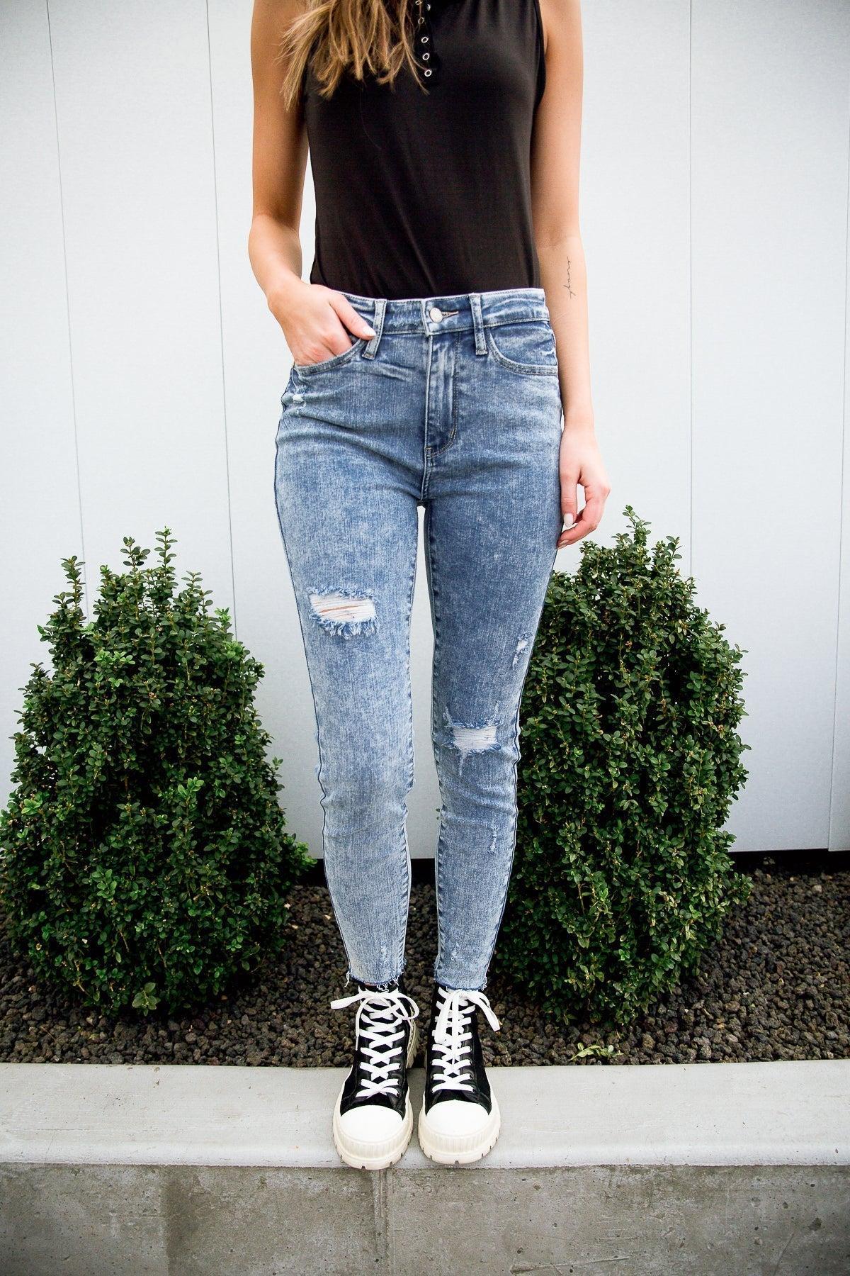 Acid Wash Destroyed Hem Skinny Jeans (Online Exclusive) Product Image
