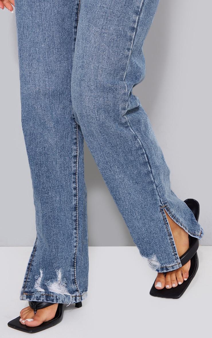 Petite Mid Blue Wash Ripped Split Hem Straight Leg Jeans Product Image