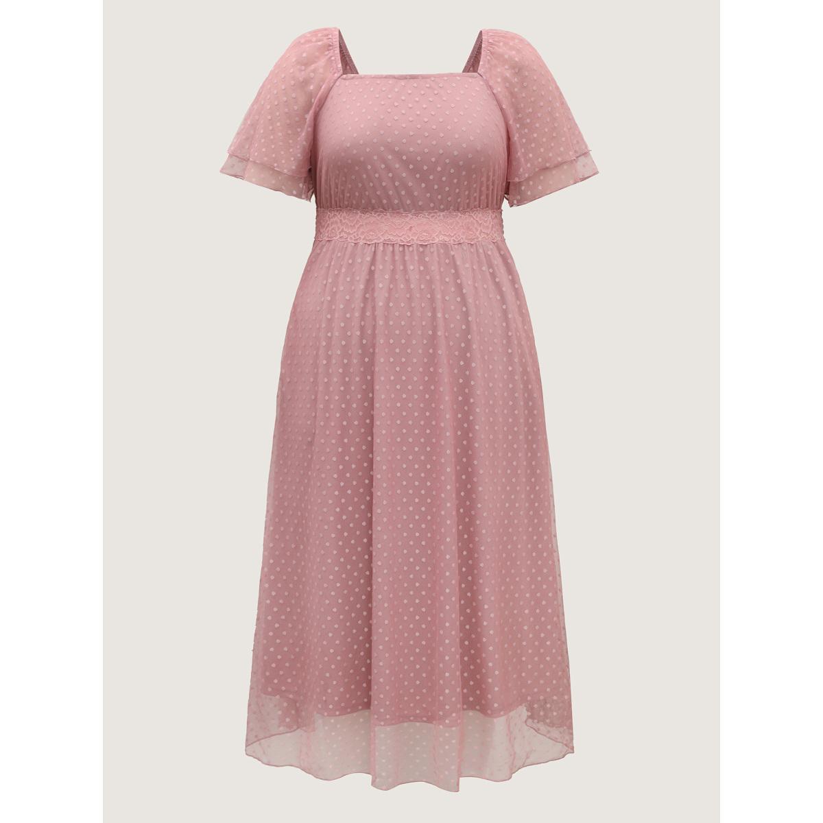 Plus Size Textured Dot Lace Trim Midi Dress Watermelon Women Square Neck Short sleeve Curvy BloomChic 12/L Product Image