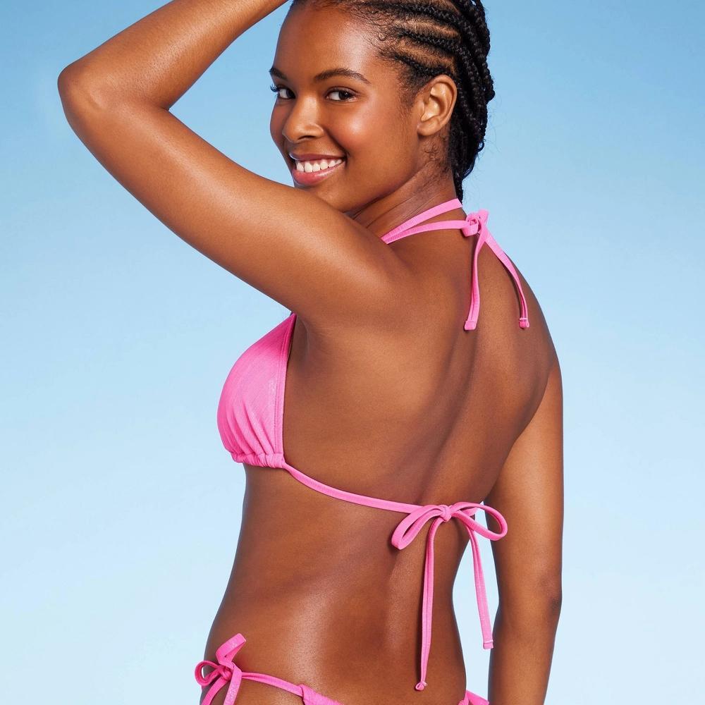 Women's Flower Charm Lurex Plisse Textured Triangle Bikini Top - Wild Fable™ Pink S Product Image