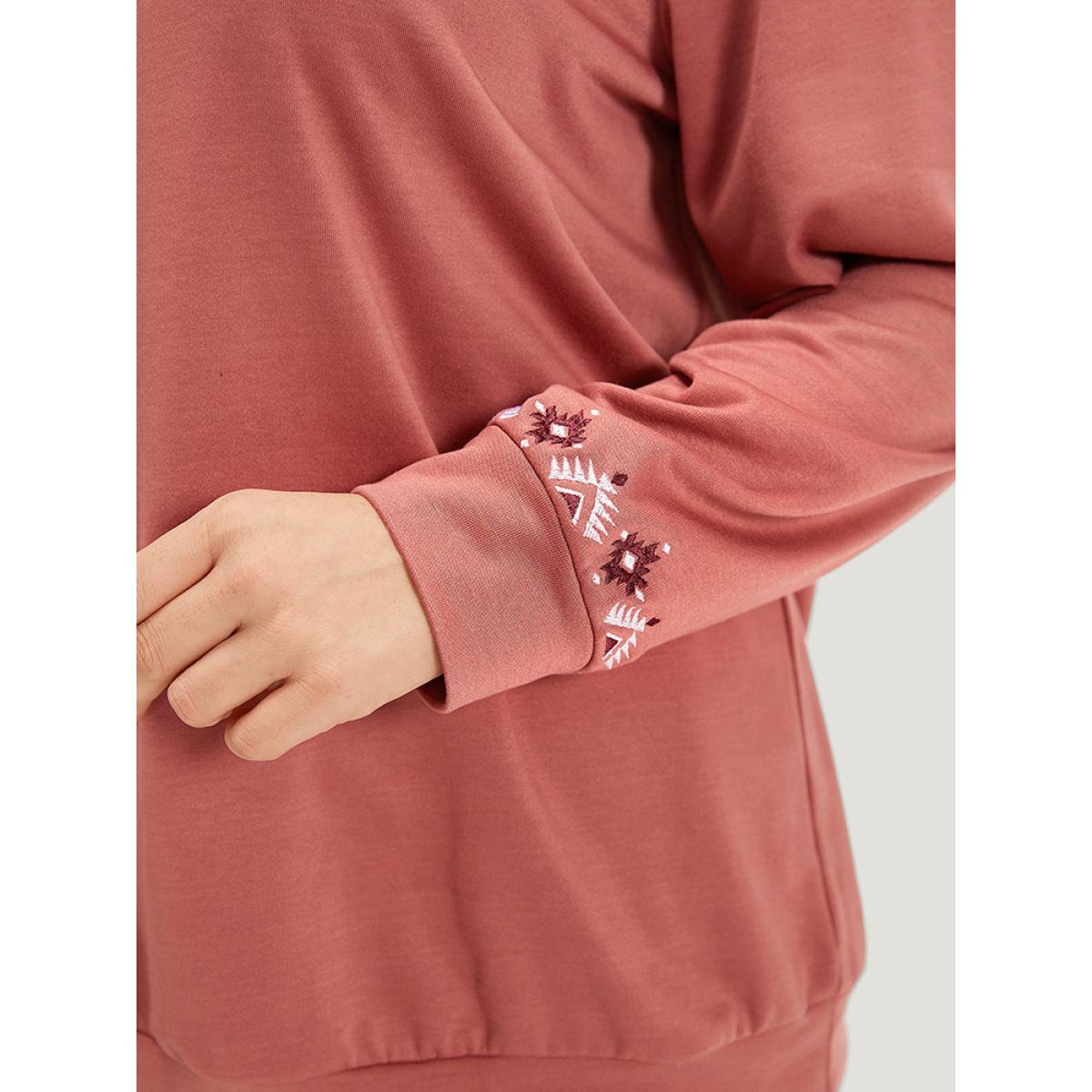 Plus Size Floral Embroidered Long Sleeve Crew Neck Sweatshirt Women DustyPink Elegant Elastic cuffs Round Neck Dailywear Sweatshirts BloomChic 26/4X Product Image