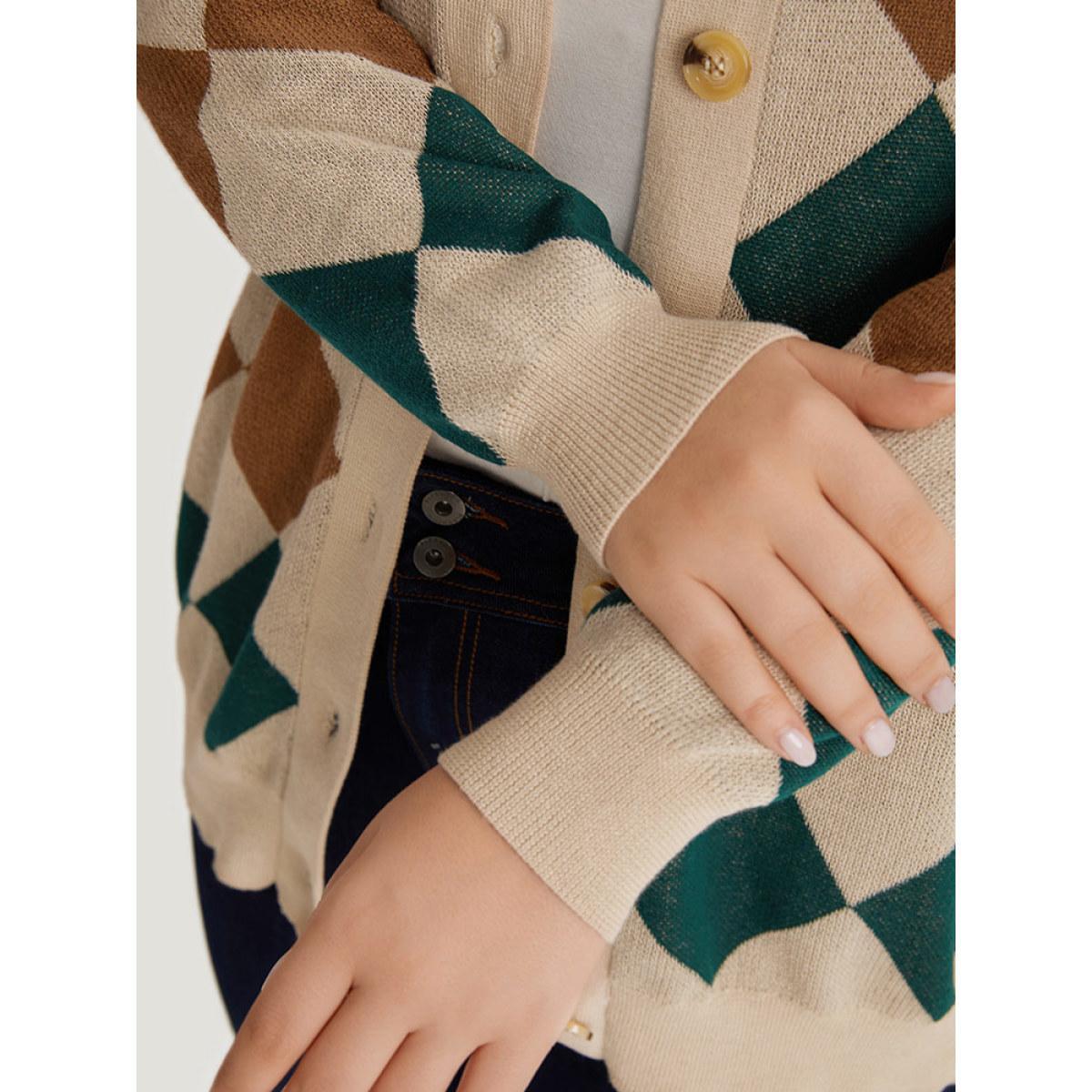 Plus Size Argyle Plaid Contrast Button Up Cardigan Multicolor Women Casual Loose Long Sleeve Dailywear Cardigans BloomChic 30/6X Product Image