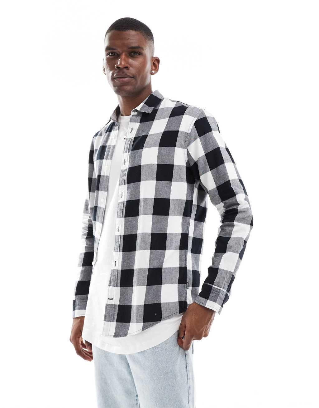 Jack & Jones Essentials flannel buffalo check shirt in black & white  Product Image