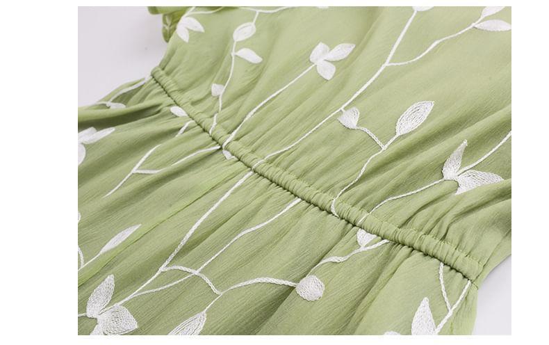 Short-Sleeve Leaf Embroidered Midi A-Line Dress Product Image