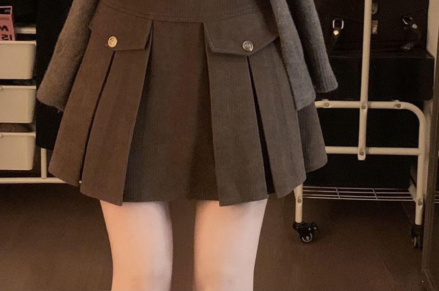 High Rise Plain Pleated Corduroy Mini A-Line Skirt Product Image