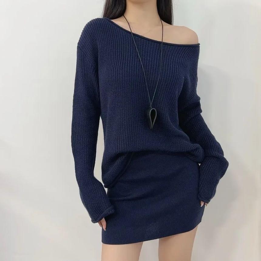 One-Shoulder Plain Ribbed Sweater / High Rise Knit Mini Pencil Skirt Product Image
