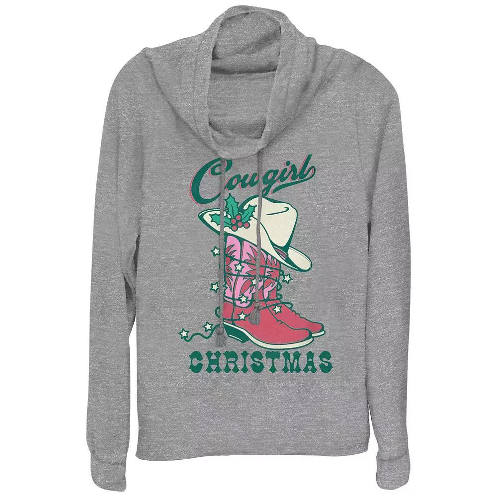 Womens Cowgirl Christmas Hat And Boots Cowlneck Graphic Lightweight Long Sleeve Gray Grey Product Image