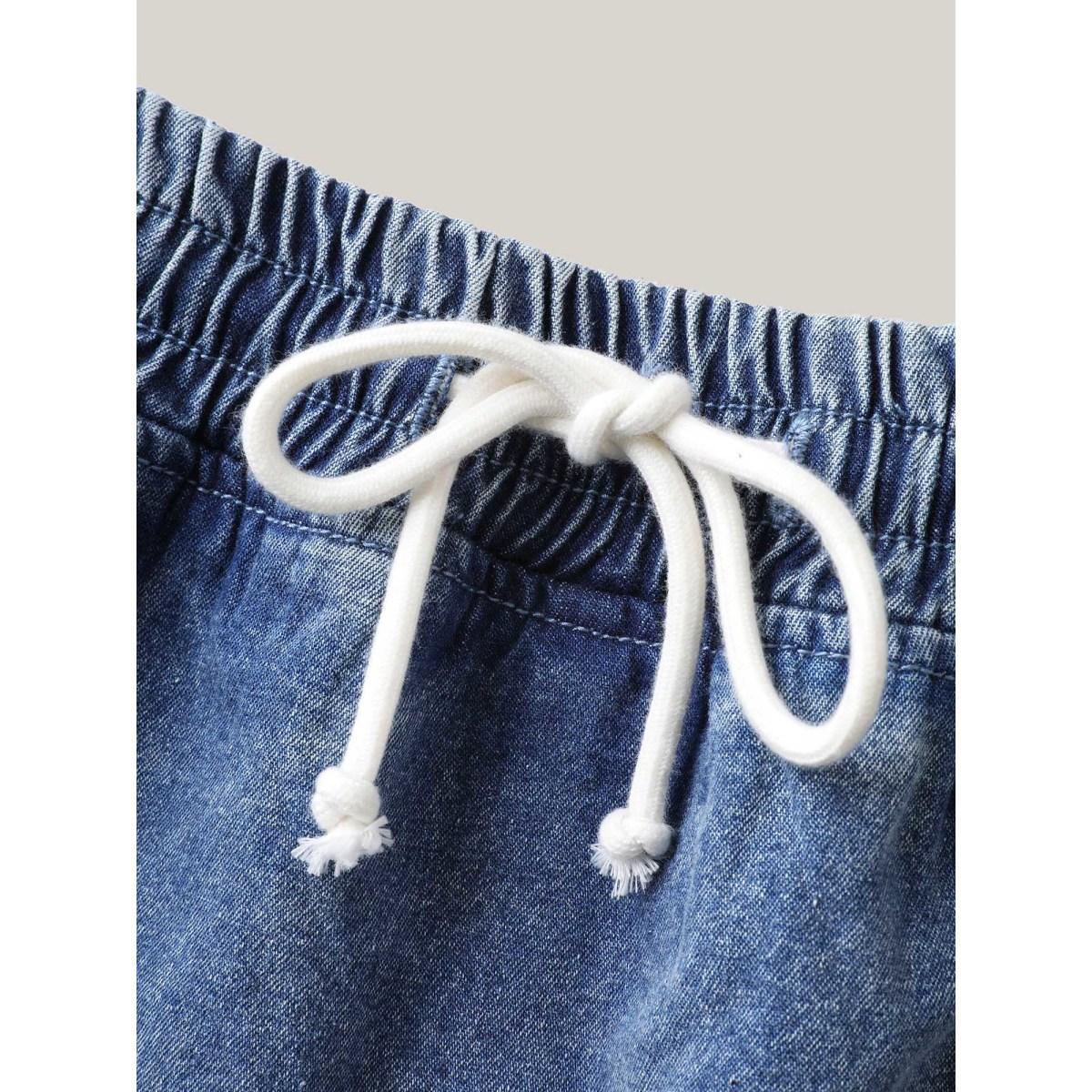 Plus Size Pull-On Drawstring Denim Skort Women Midblue No stretch Everyday-Casual Slanted pocket Denim Shorts BloomChic 28/5X Product Image