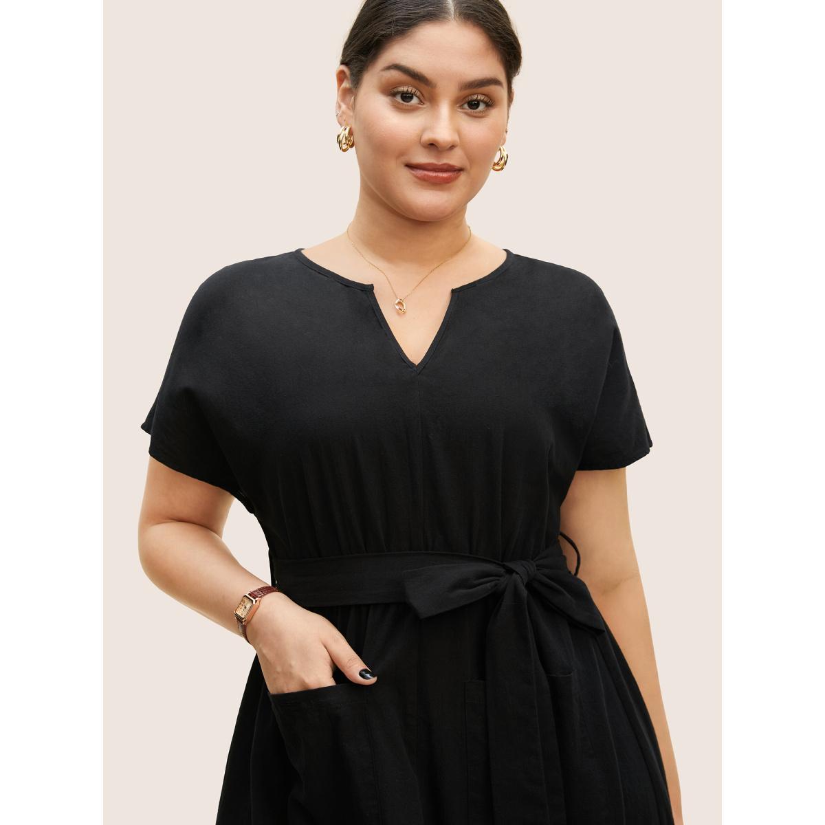 Plus Size Solid Patched Pocket Belted Batwing Sleeve Dress Black Women Work From Home Belted Notched collar Short sleeve Curvy BloomChic 22-24/3X Product Image