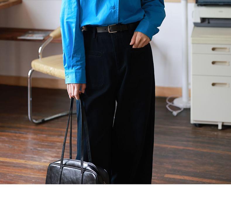 Long-Sleeve Lapel Collar Plain Button-Up Blouse Product Image