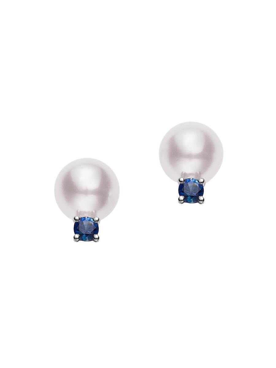 Womens 18K White Gold, Akoya Cultured Pearl & Sapphire Stud Earrings Product Image