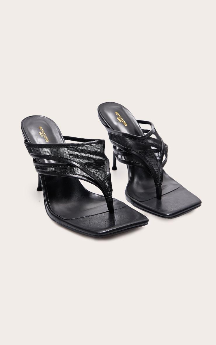 Wide Fit Black Square Toe Double Mesh Toe Thong High Stiletto Heeled Mules Product Image