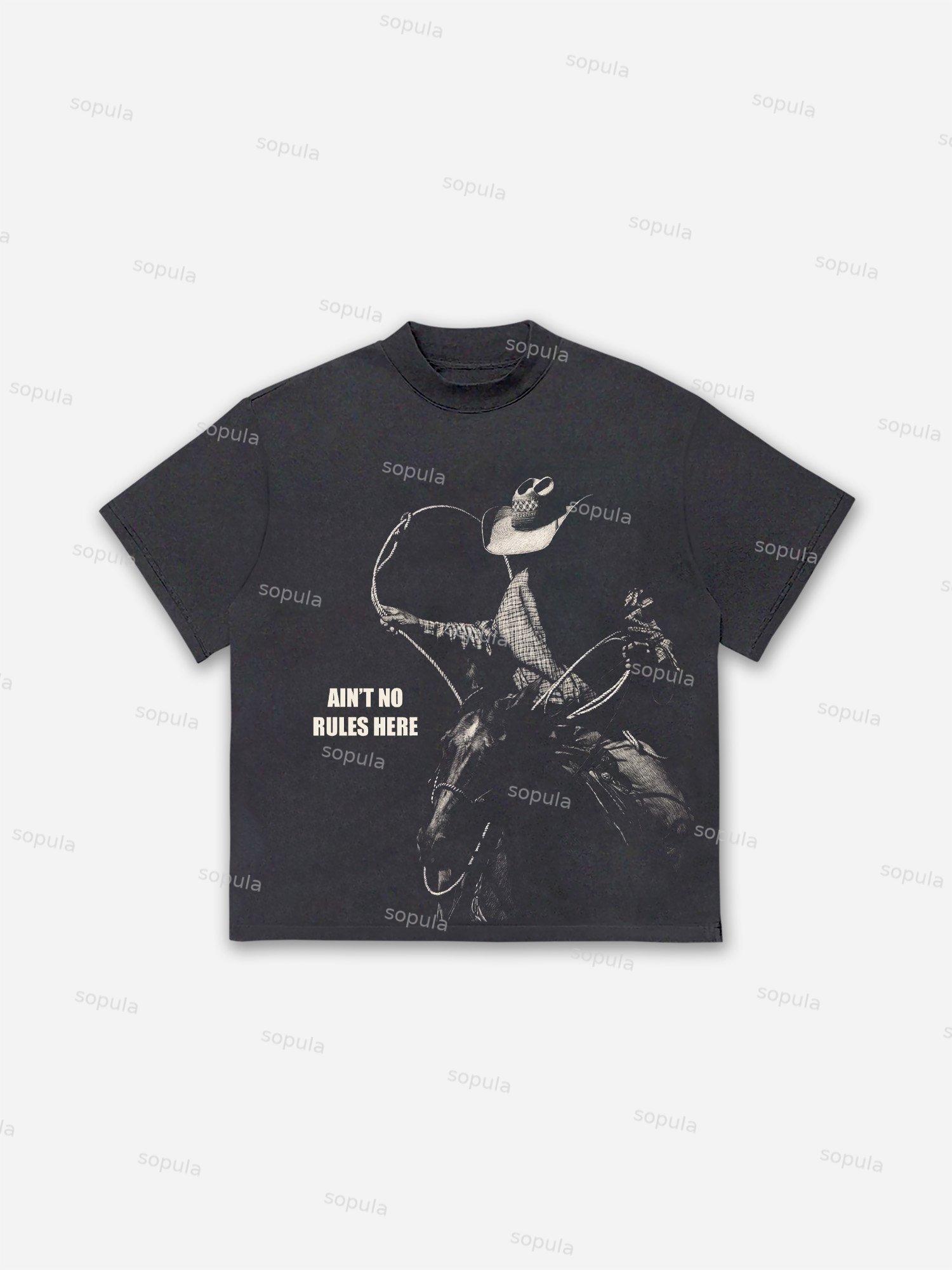 Ain't No Rules Here Western Cowboy Graphic Cotton T-shirt Product Image