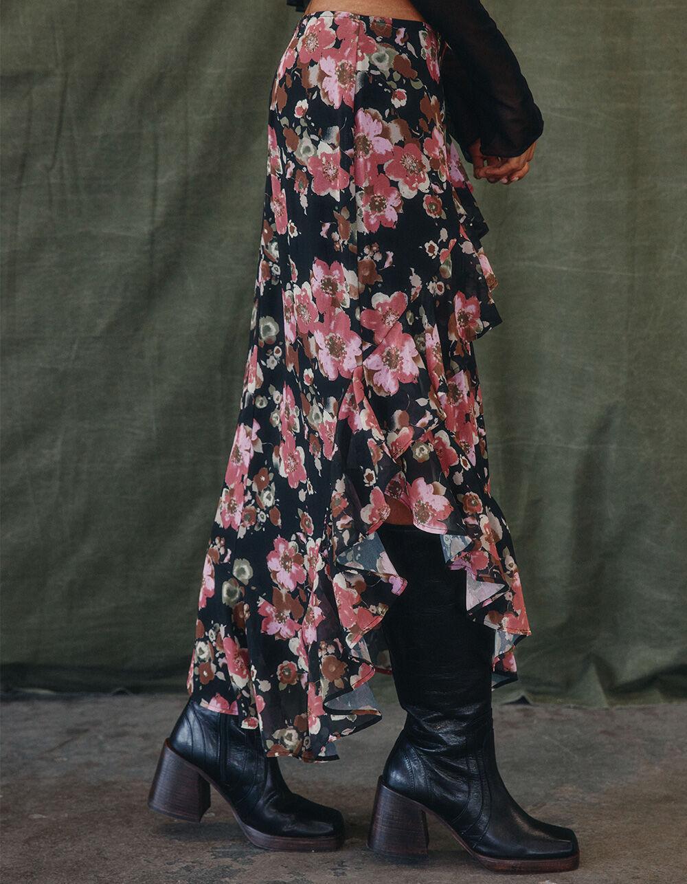 WEST OF MELROSE Floral Asymmetrical Womens Skirt - BLACK COMBO Product Image