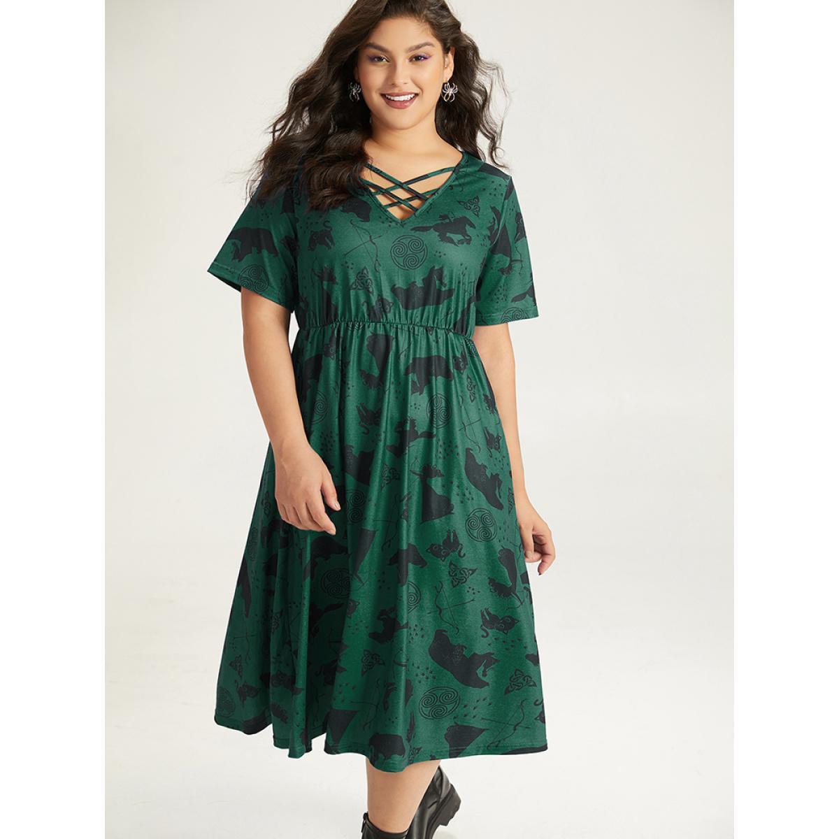 Plus Size Halloween Graphic Crisscross Neck Pocket Flutter Dress DarkGreen Women Casual Gathered V-neck Short sleeve Curvy Midi Dress BloomChic 18-20/2X Product Image