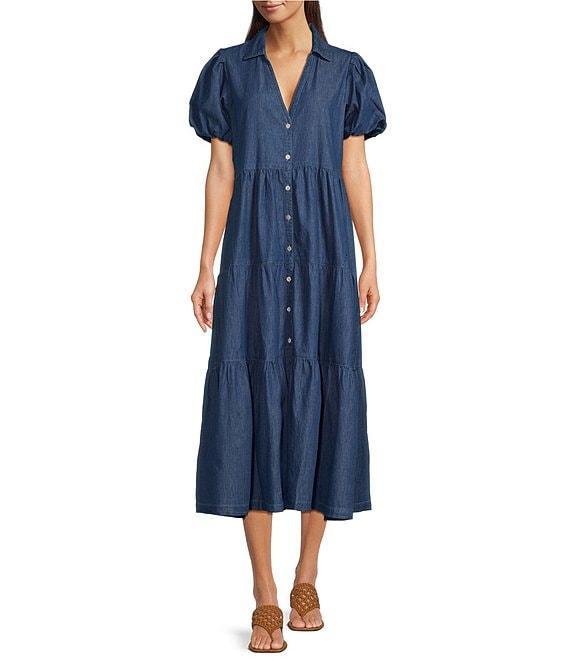 APNY Split Neck Short Puff Sleeve Button Front Tiered A-Line Dress Product Image