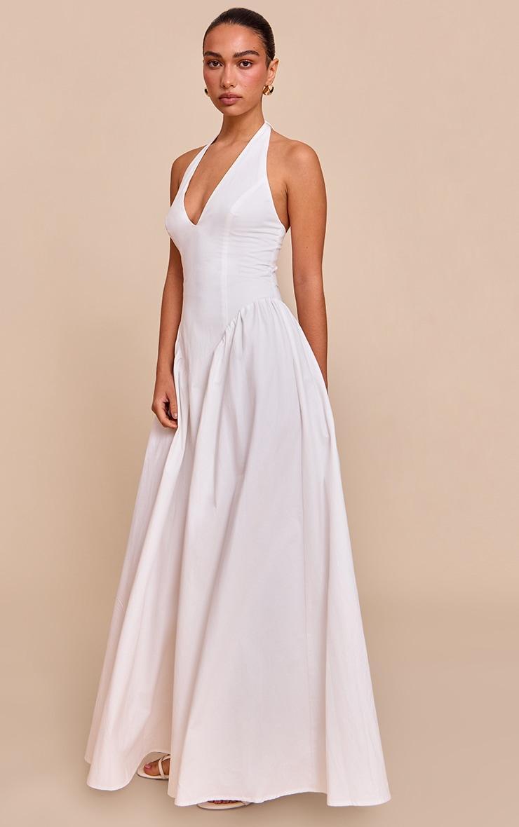 White Woven Halterneck Plunge Midaxi Dress Product Image