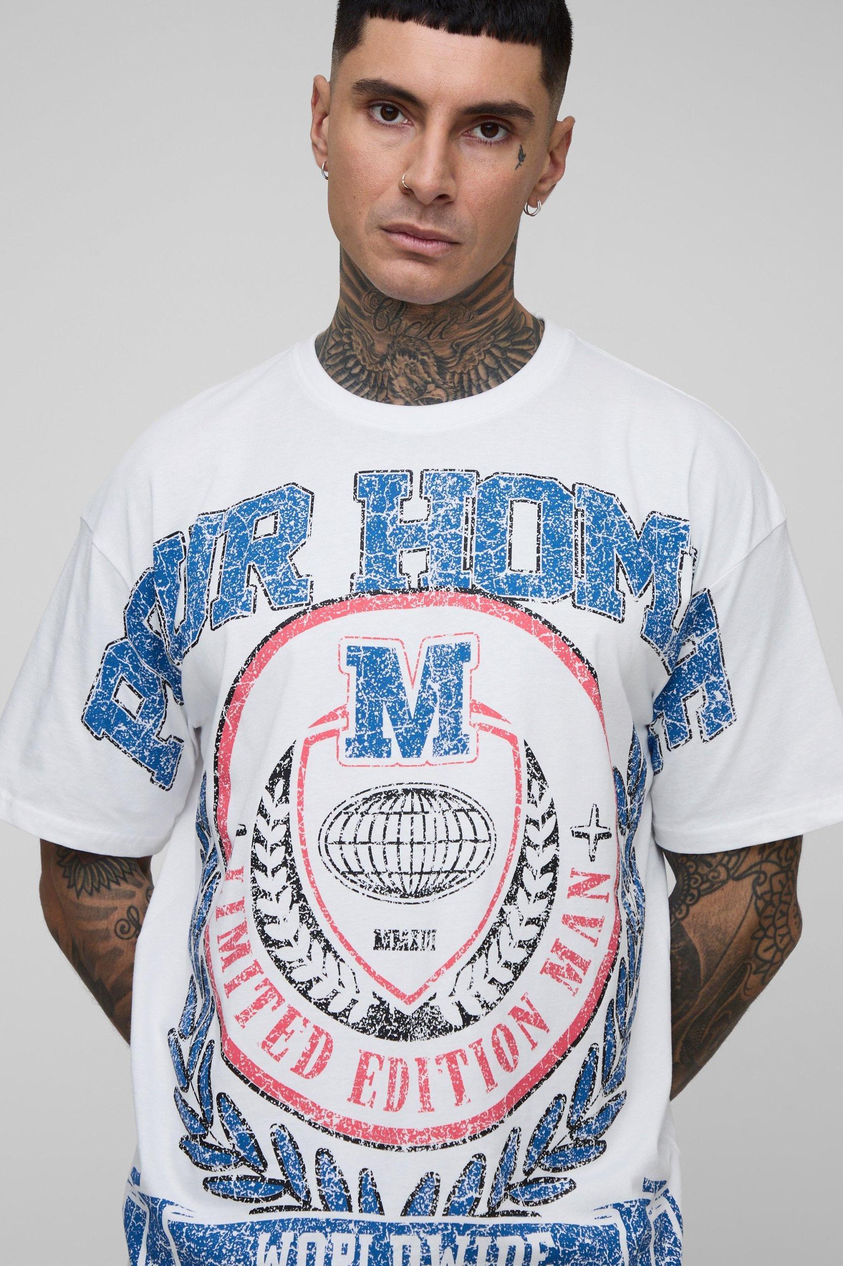 Tall Pour Homme Oversized Over The Seam Varsity Print T-Shirt | boohooMAN USA Product Image