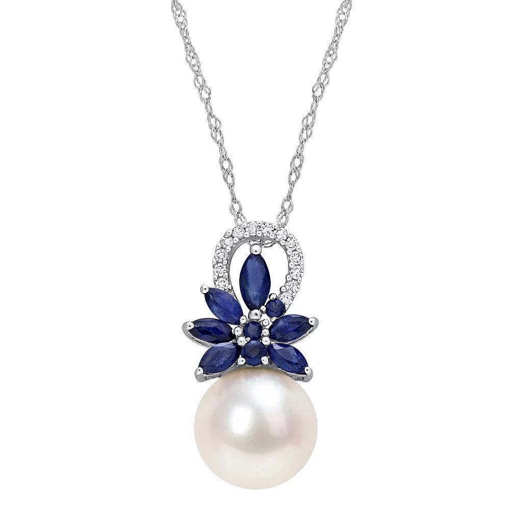 Stella Grace 14k White Gold Freshwater Cultured Pearl, Sapphire & Diamond Accent Flower Pendant Necklace, Women's, Size: 17" Product Image