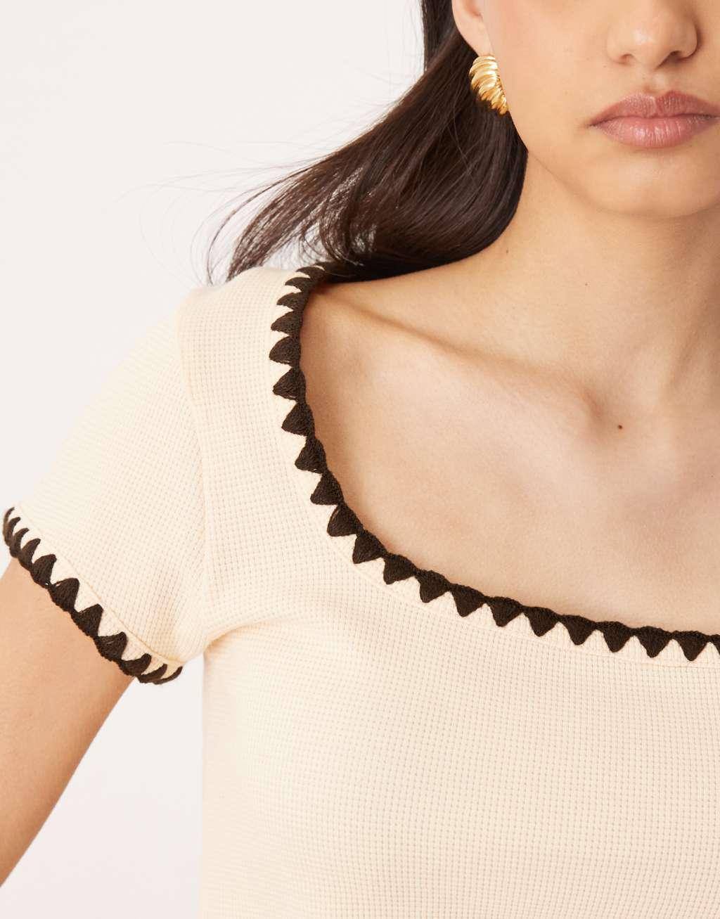 ASOS DESIGN square neck short sleeve waffle knit top with blanket stitch in cream Product Image